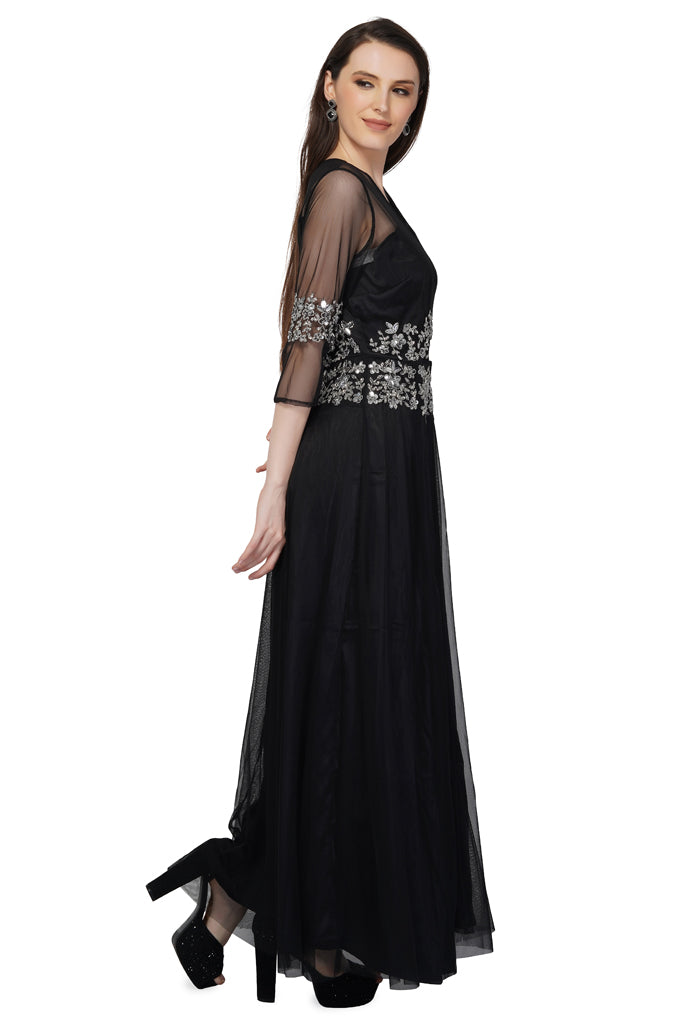 black beaded tulle gown