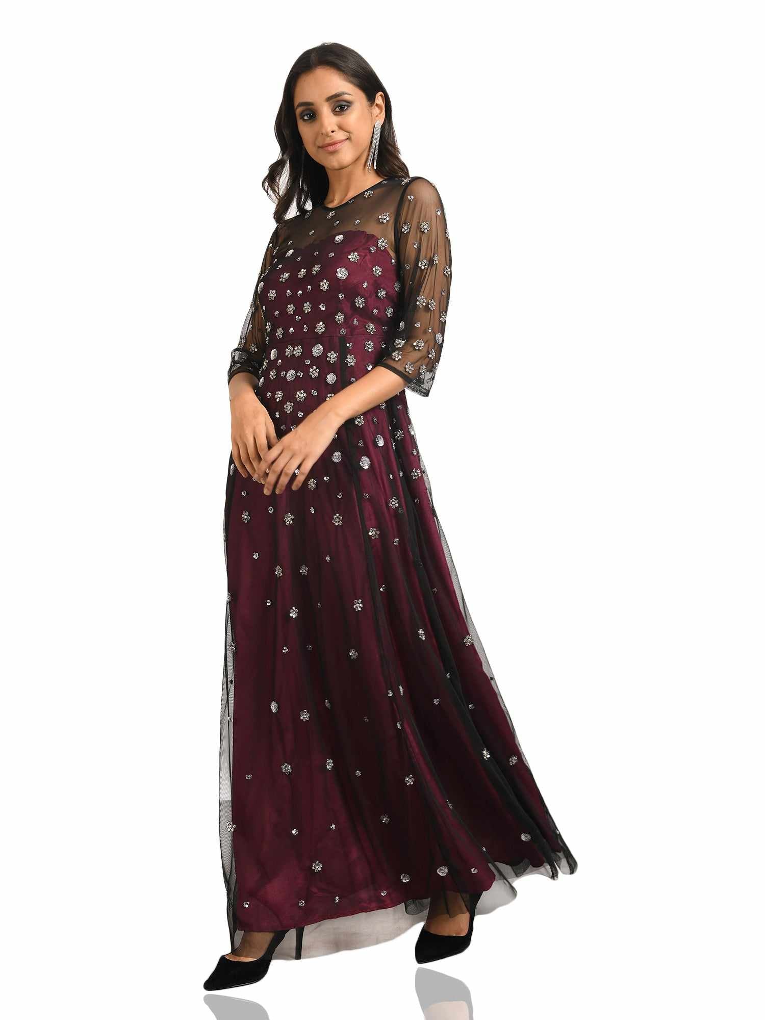 beaded tulle gown with wine lining