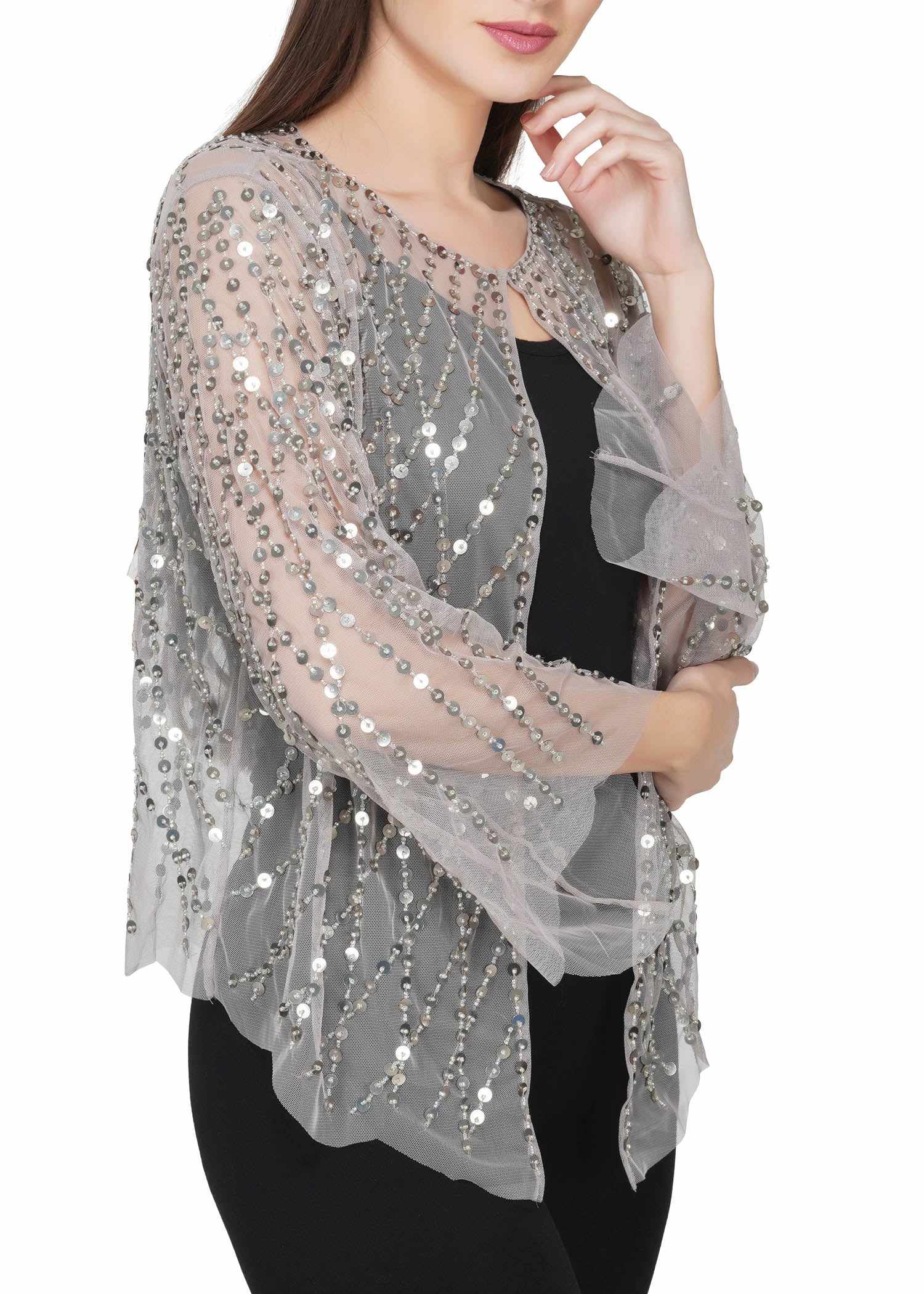 beige sequins embellished shrug jacket