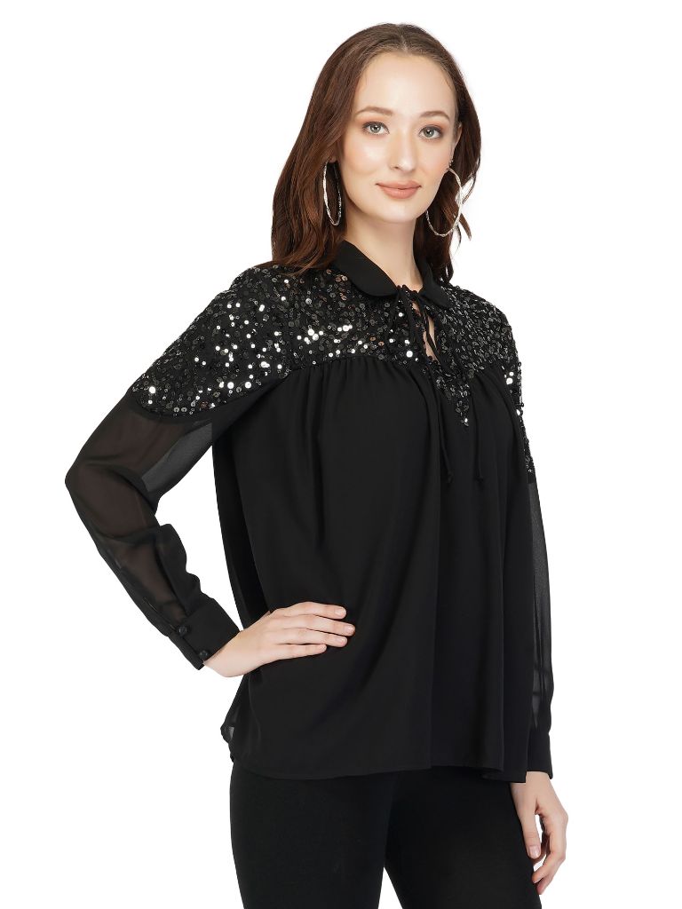 navy sequins yoke top