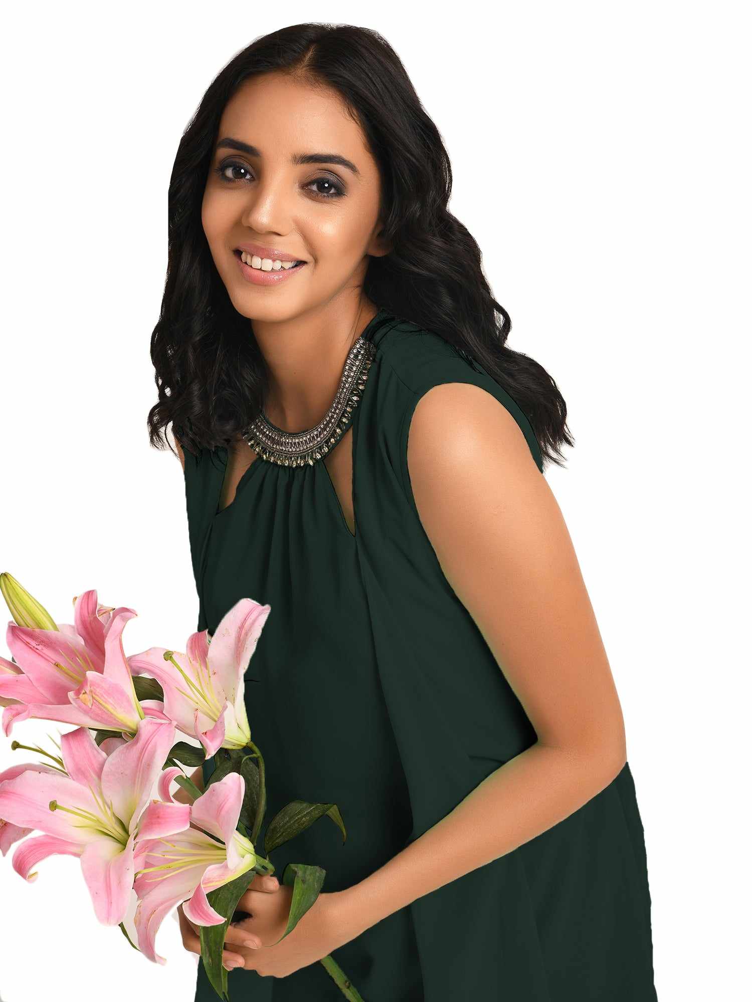green necklace cape sleeves dress