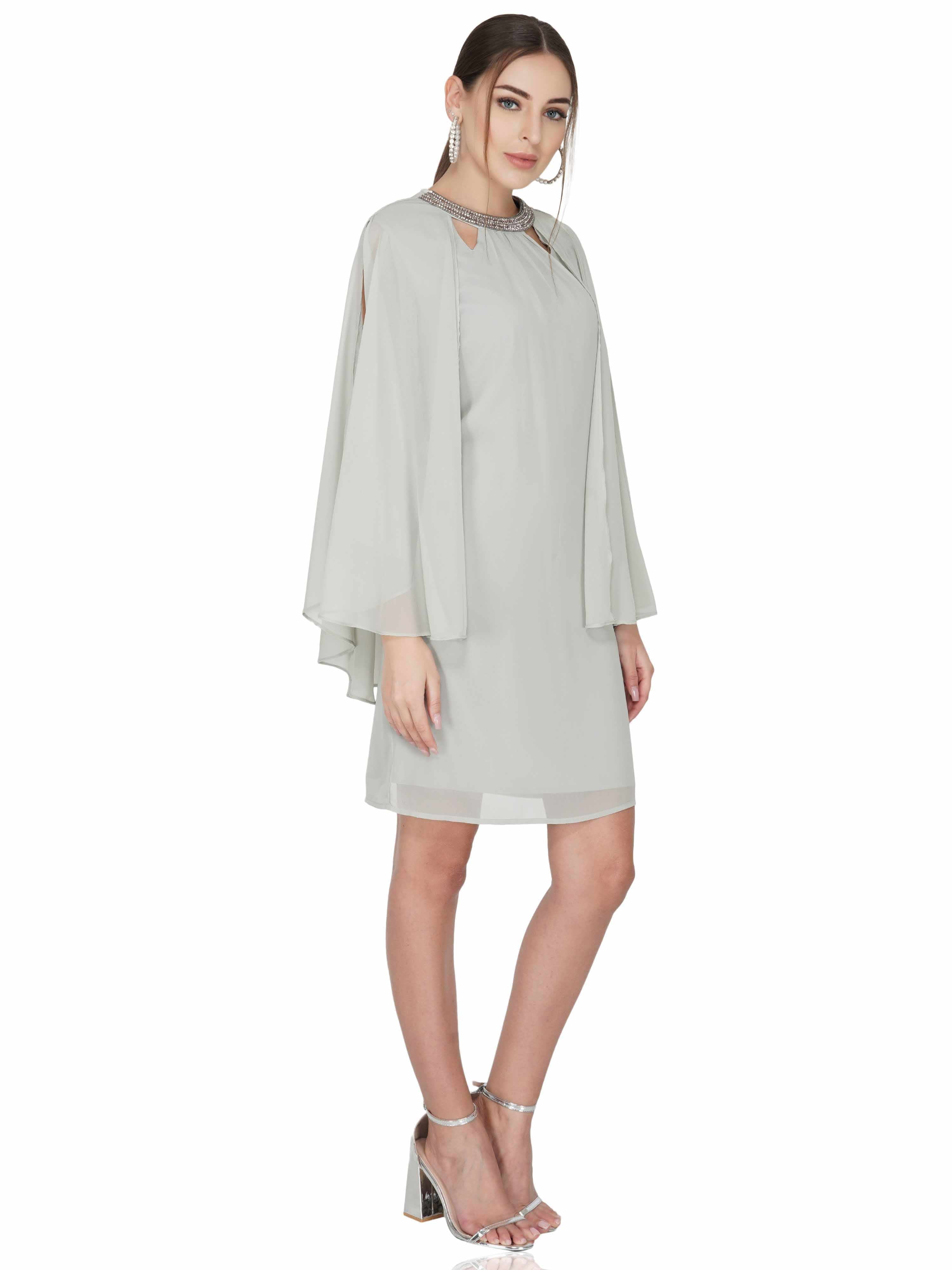 grey necklace cape sleeves dress