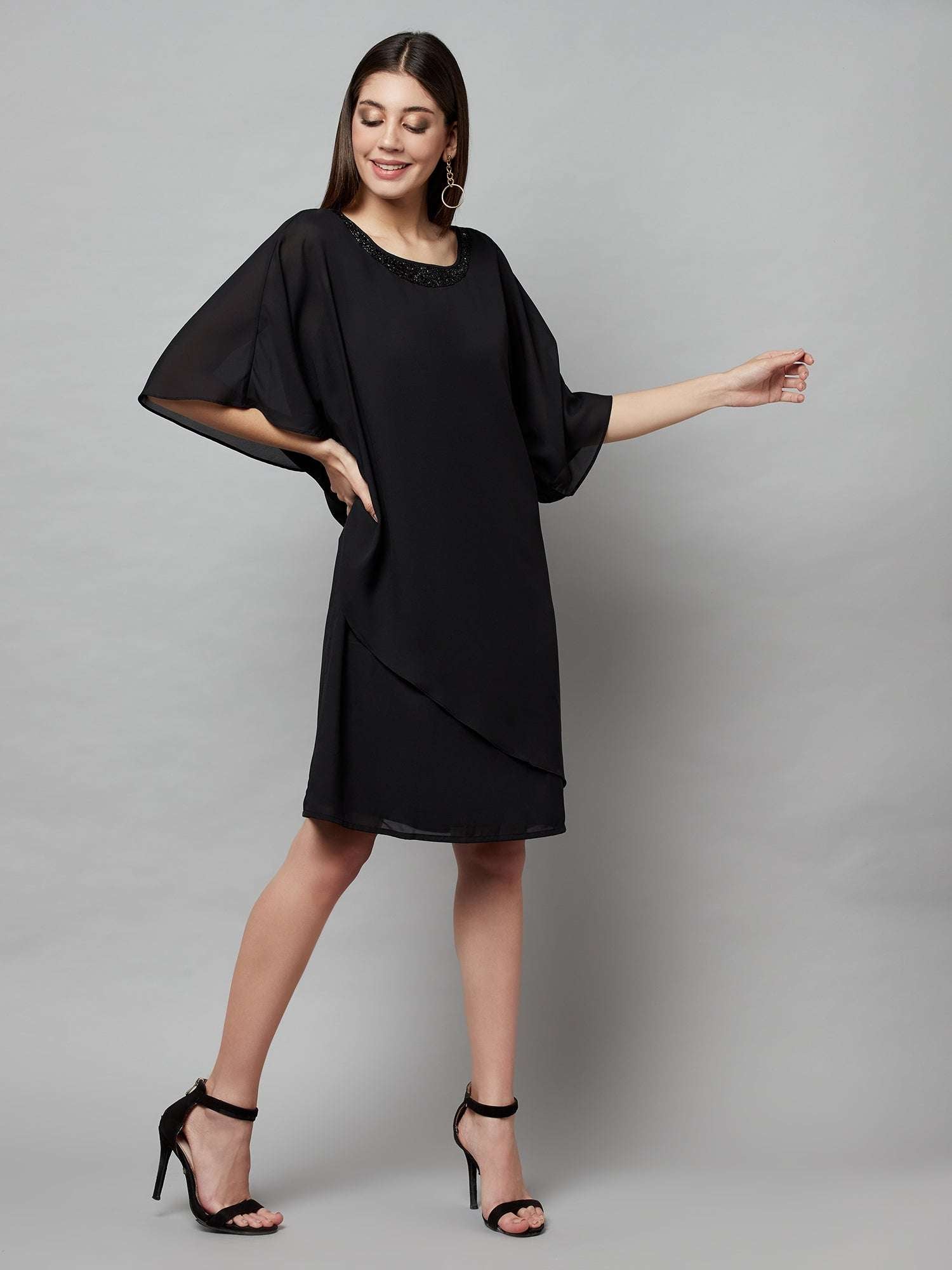popover black dress with neck embellishment