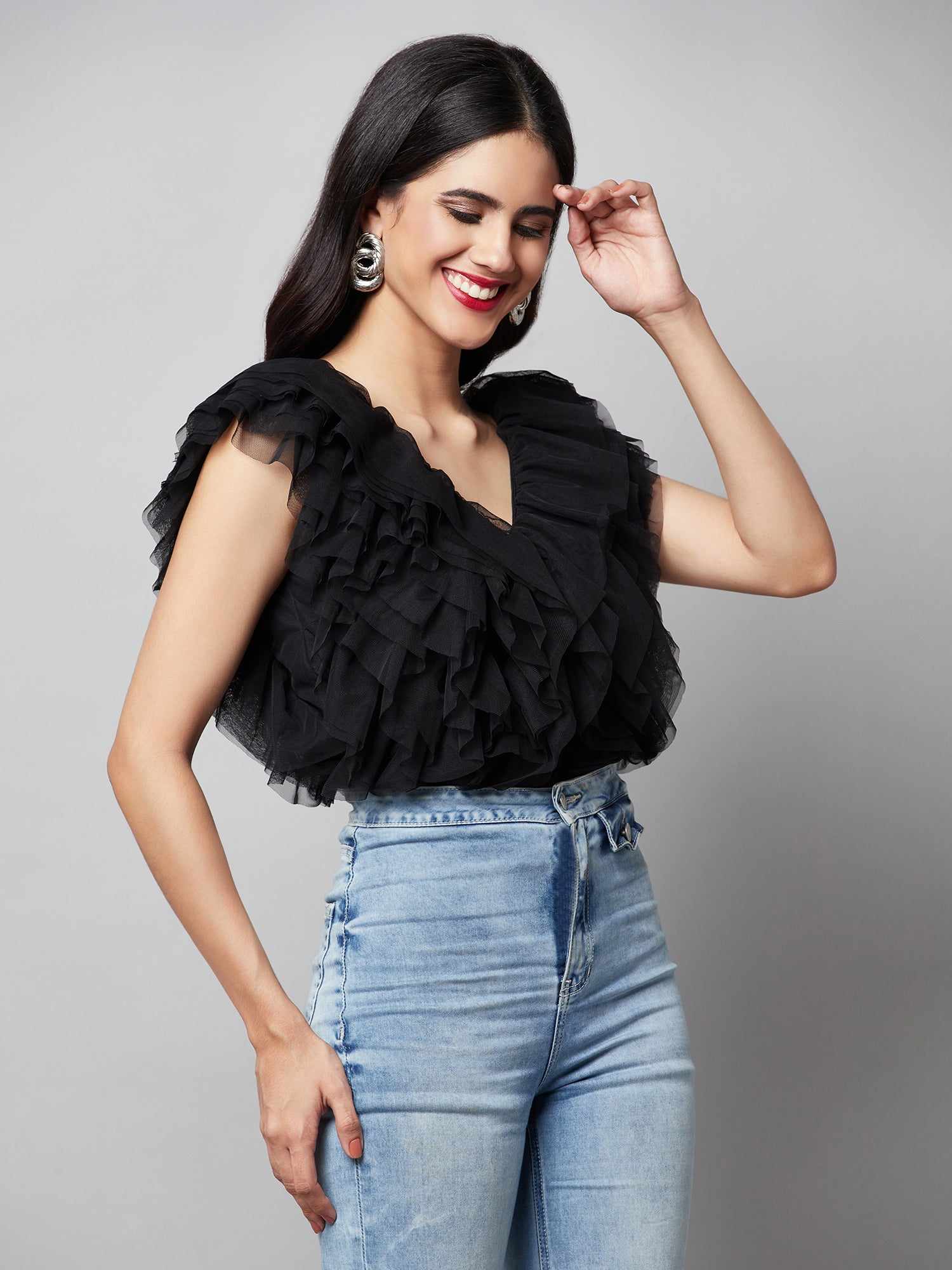 vacay multi layer black ruffle bodysuit