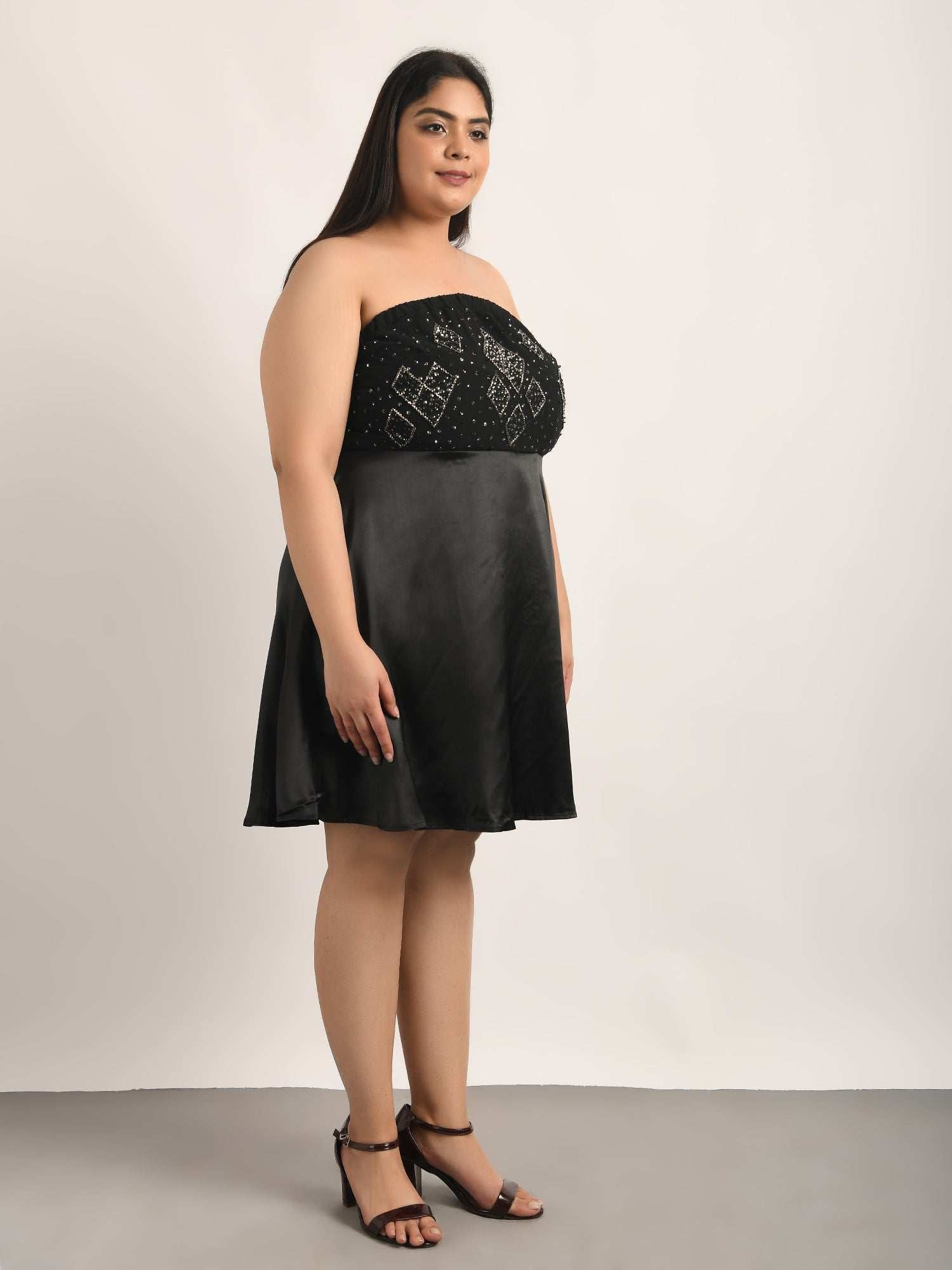 attic curves black tube embroidered dress