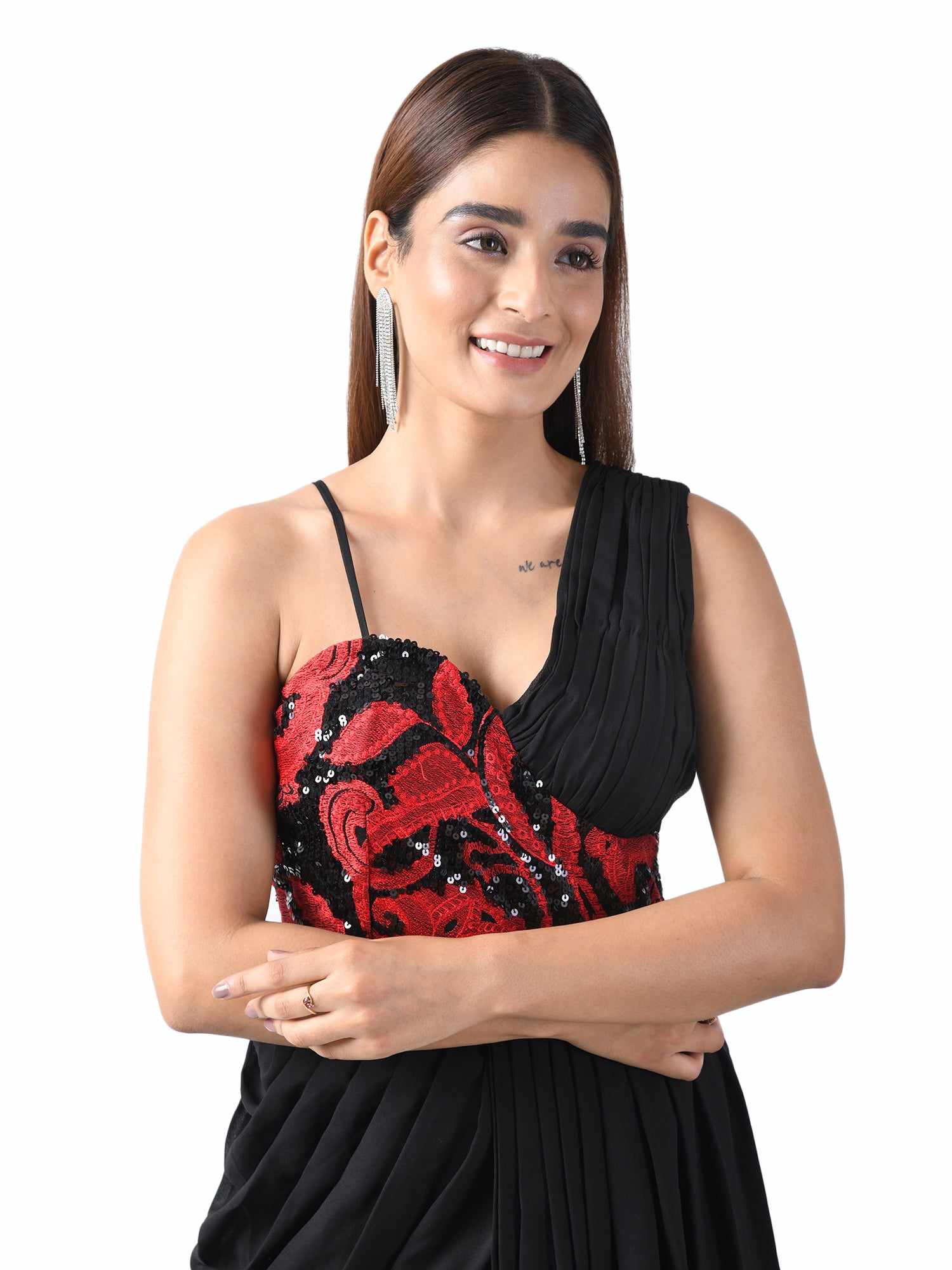 paola embroired corset black draped dress