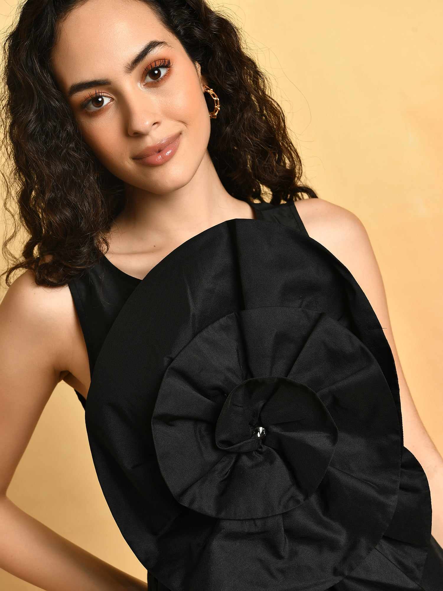 black oversize ruffle party dress