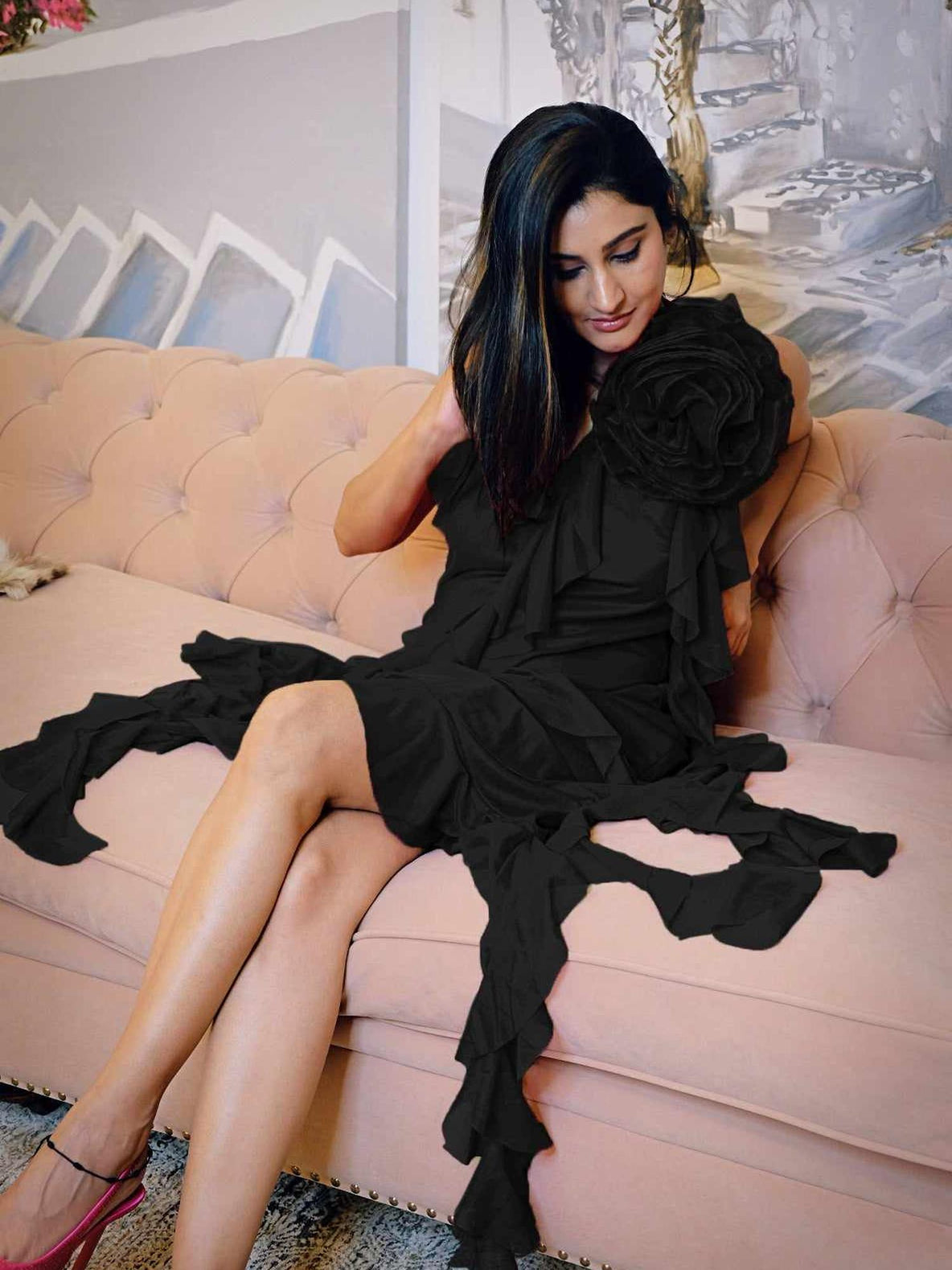 black ruffle tango asymmetric dress