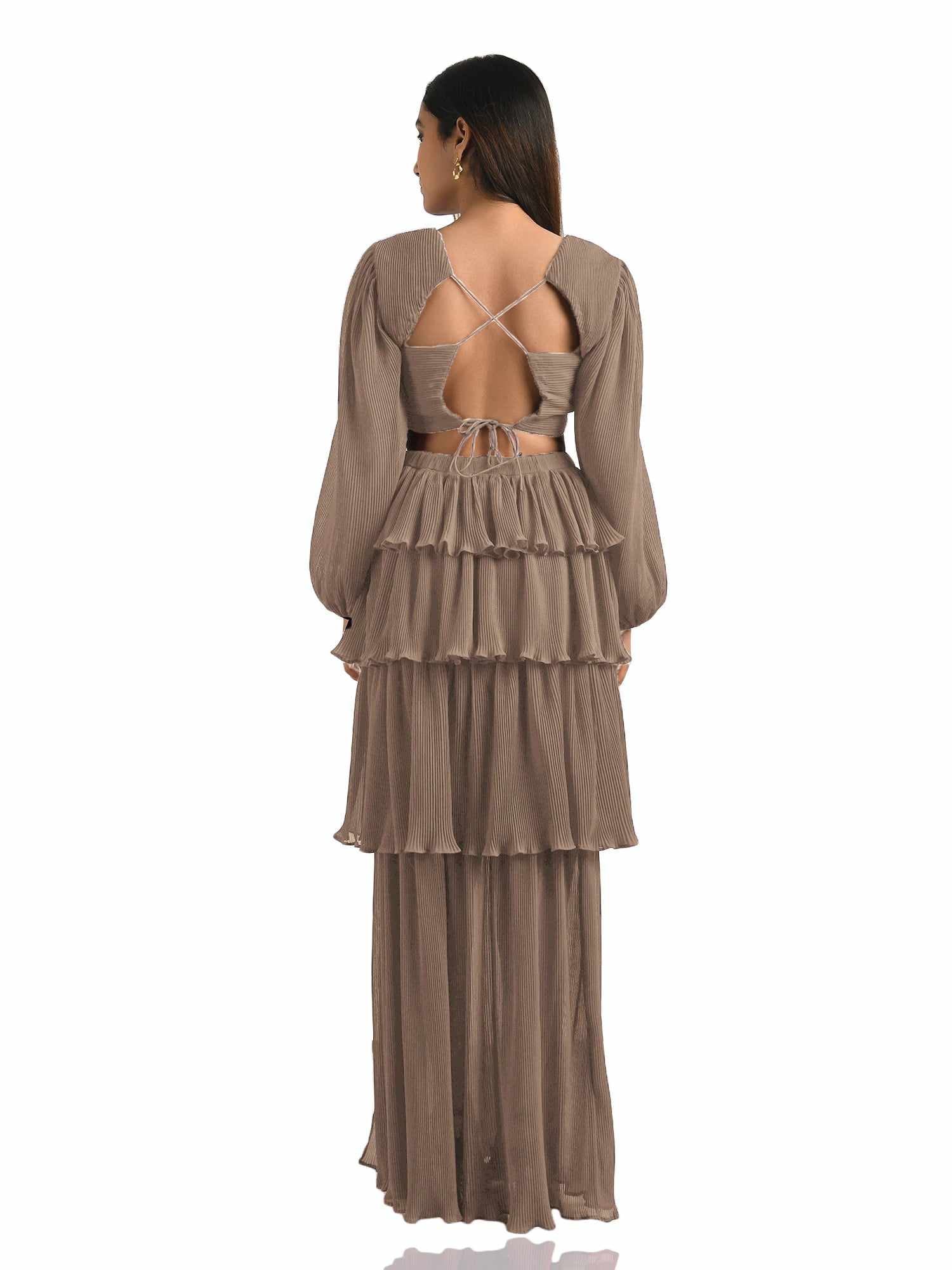 brown crepe pleated maxi dress
