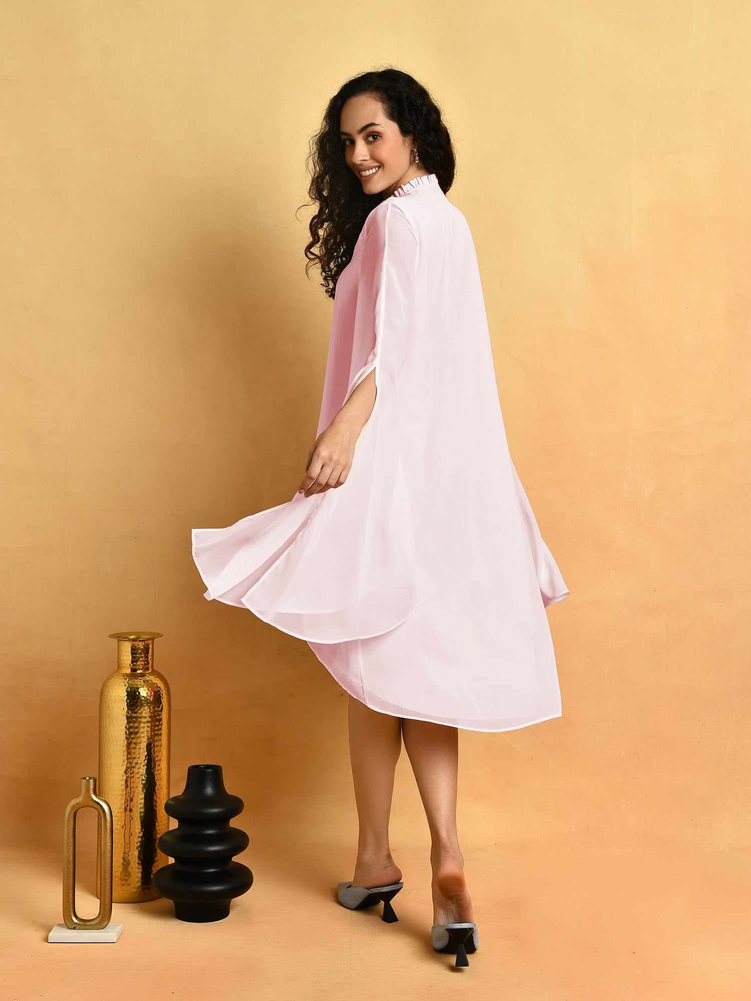 hand ornamented pink cape dress