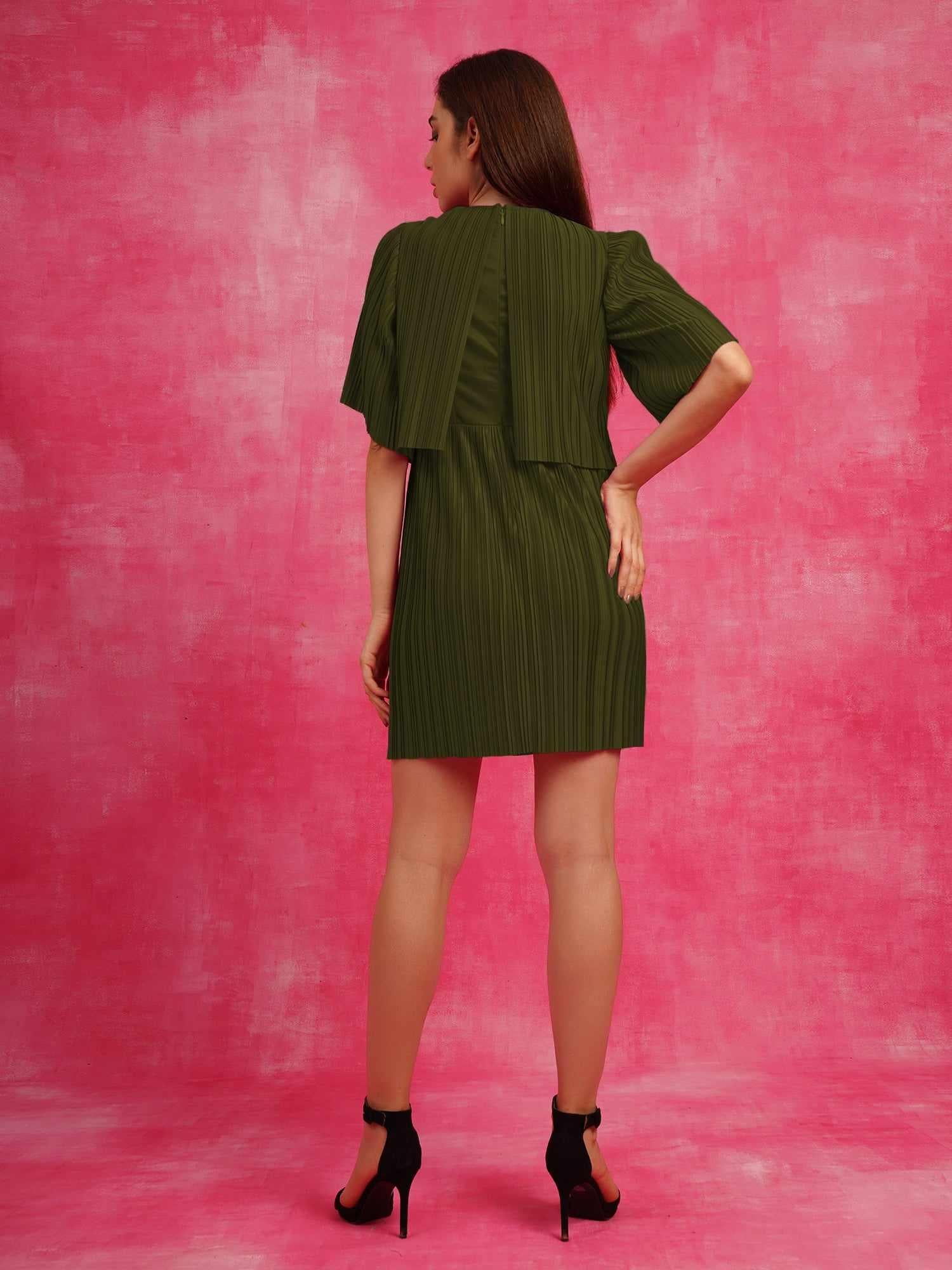 pure elegance pleated green cape dress