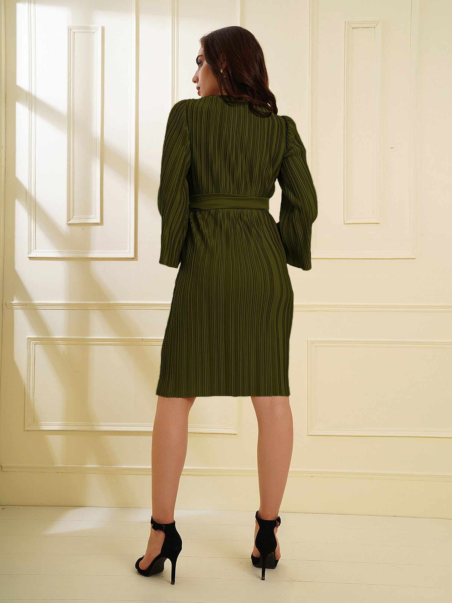 pleated green wrap knit dress