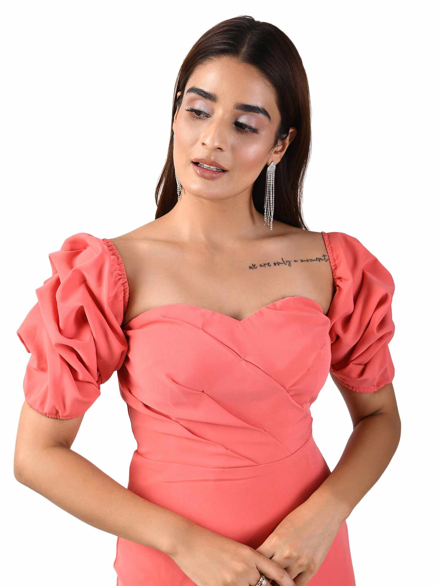 peach pink squesh balloon ruffle sleeve dress