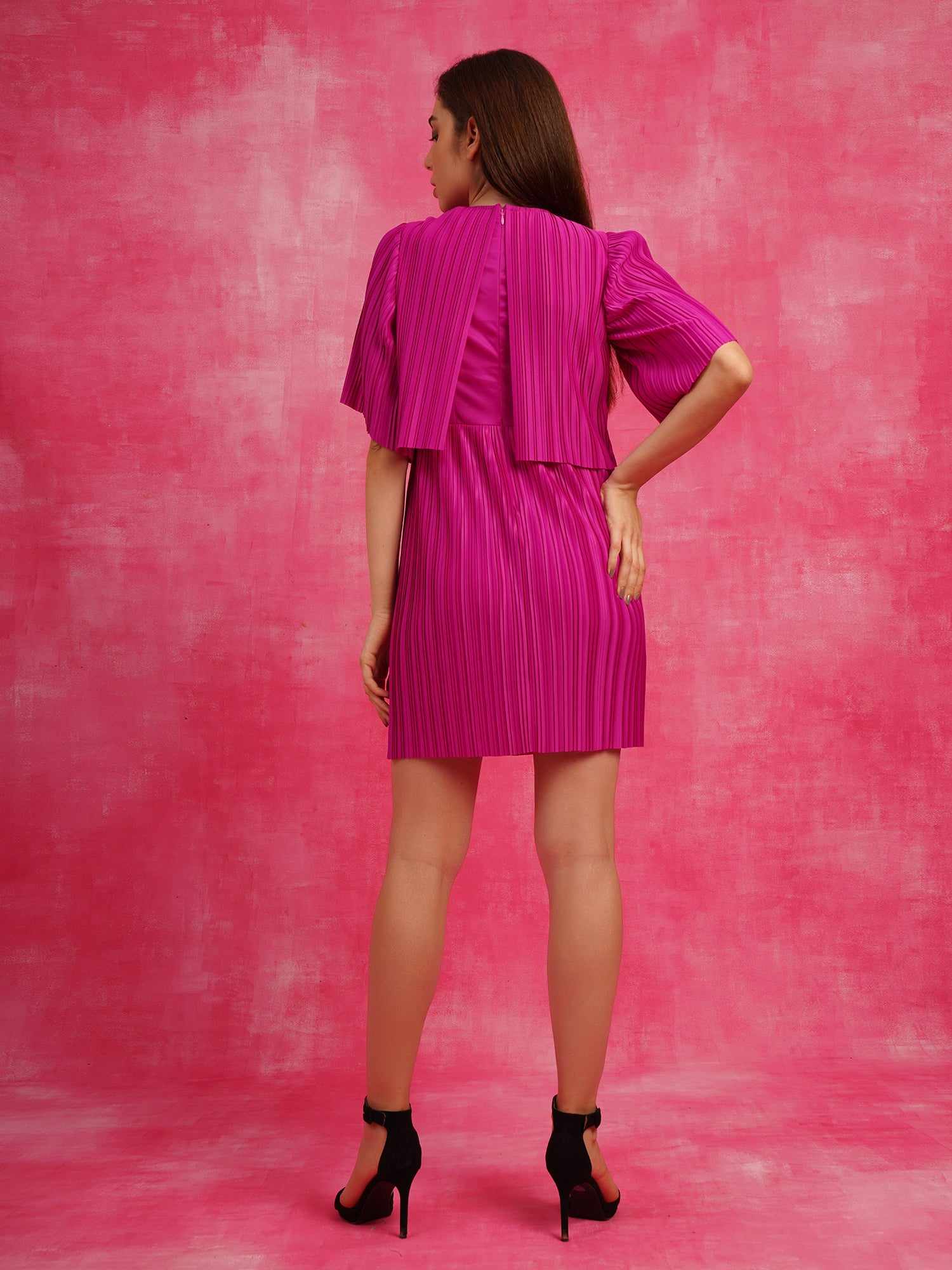 pure elegance pleated pink cape dress