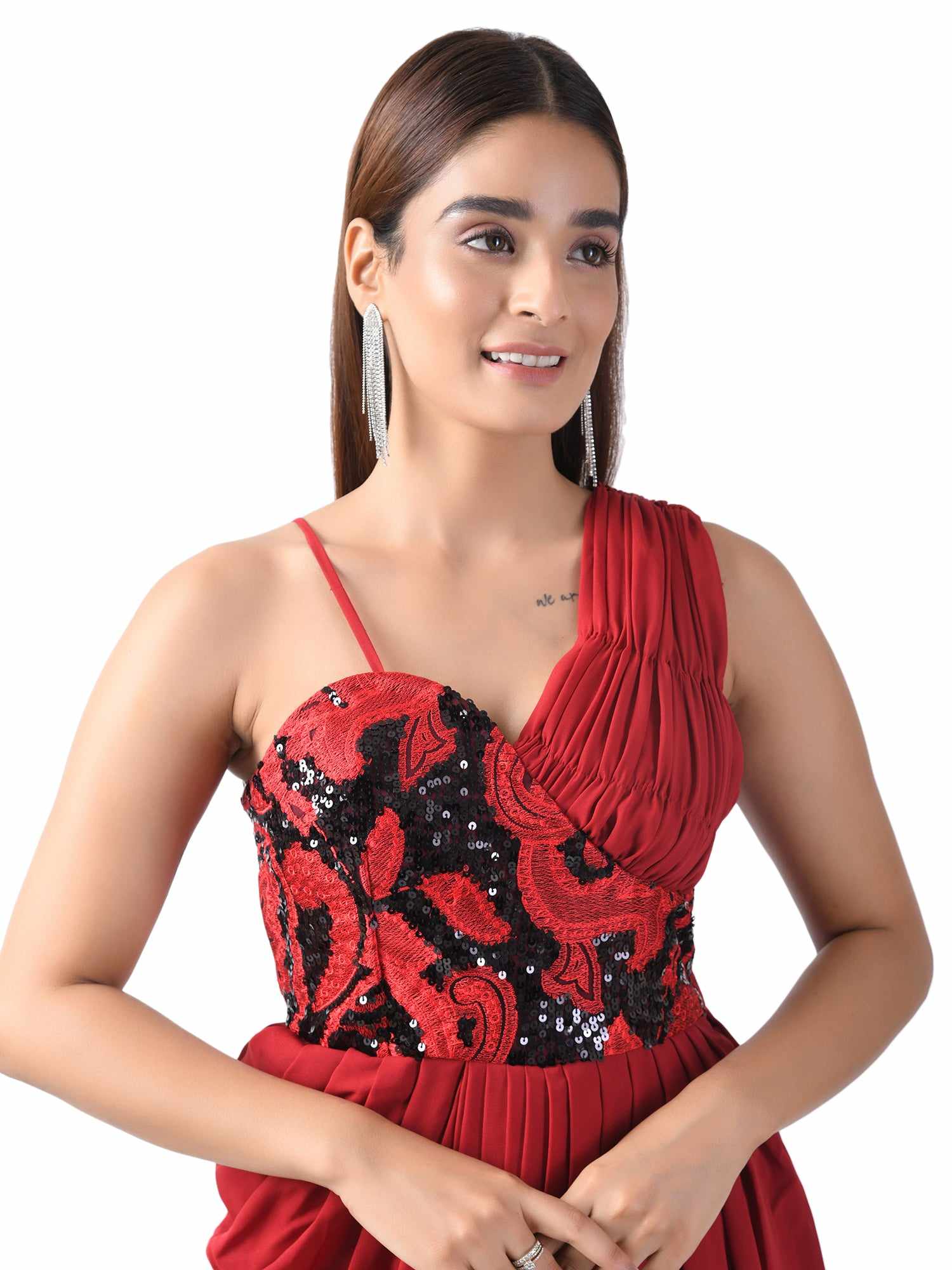 paola embroired corset red draped dress