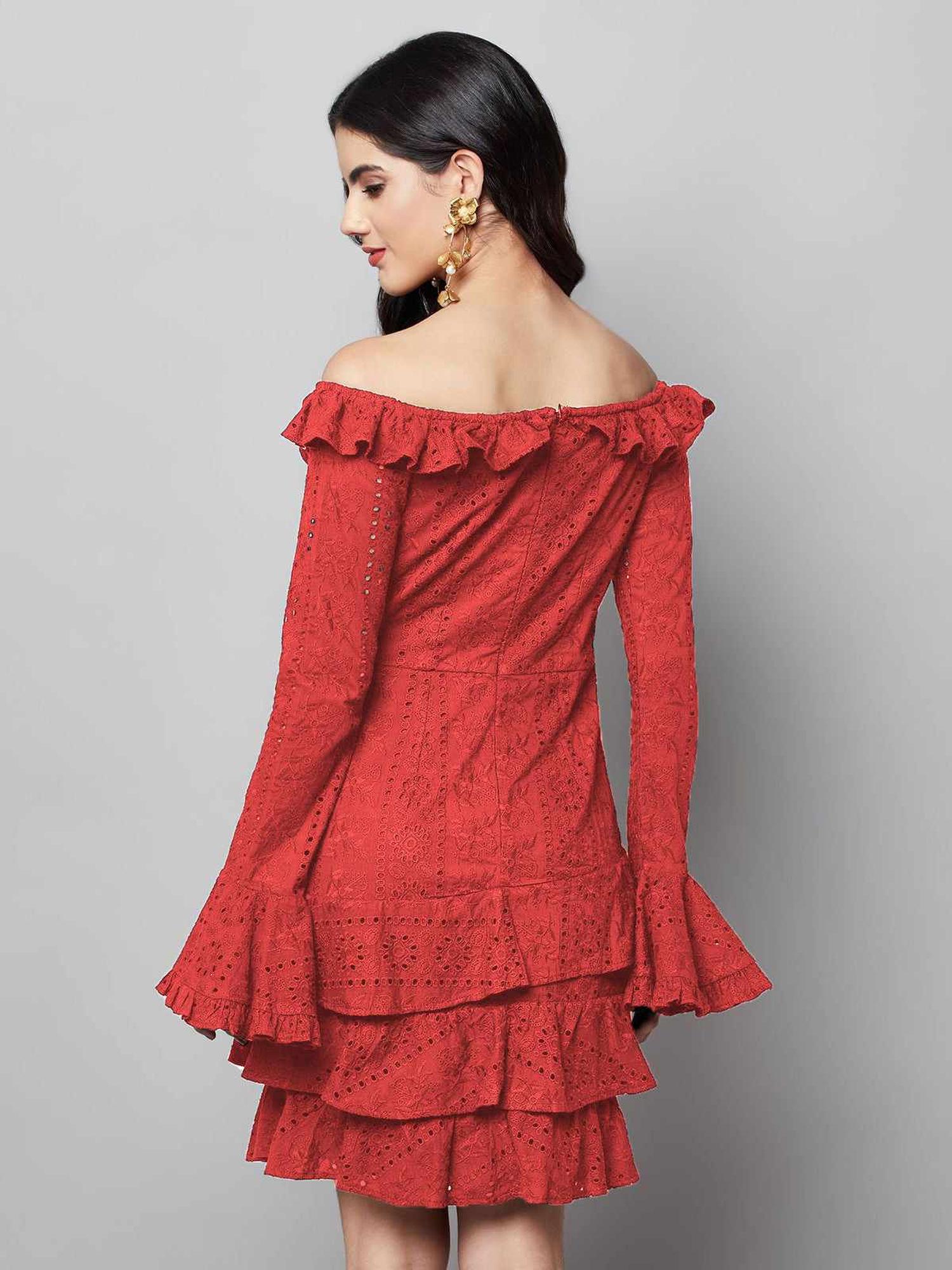 Regal Ruffle Noir Red Dress - Red