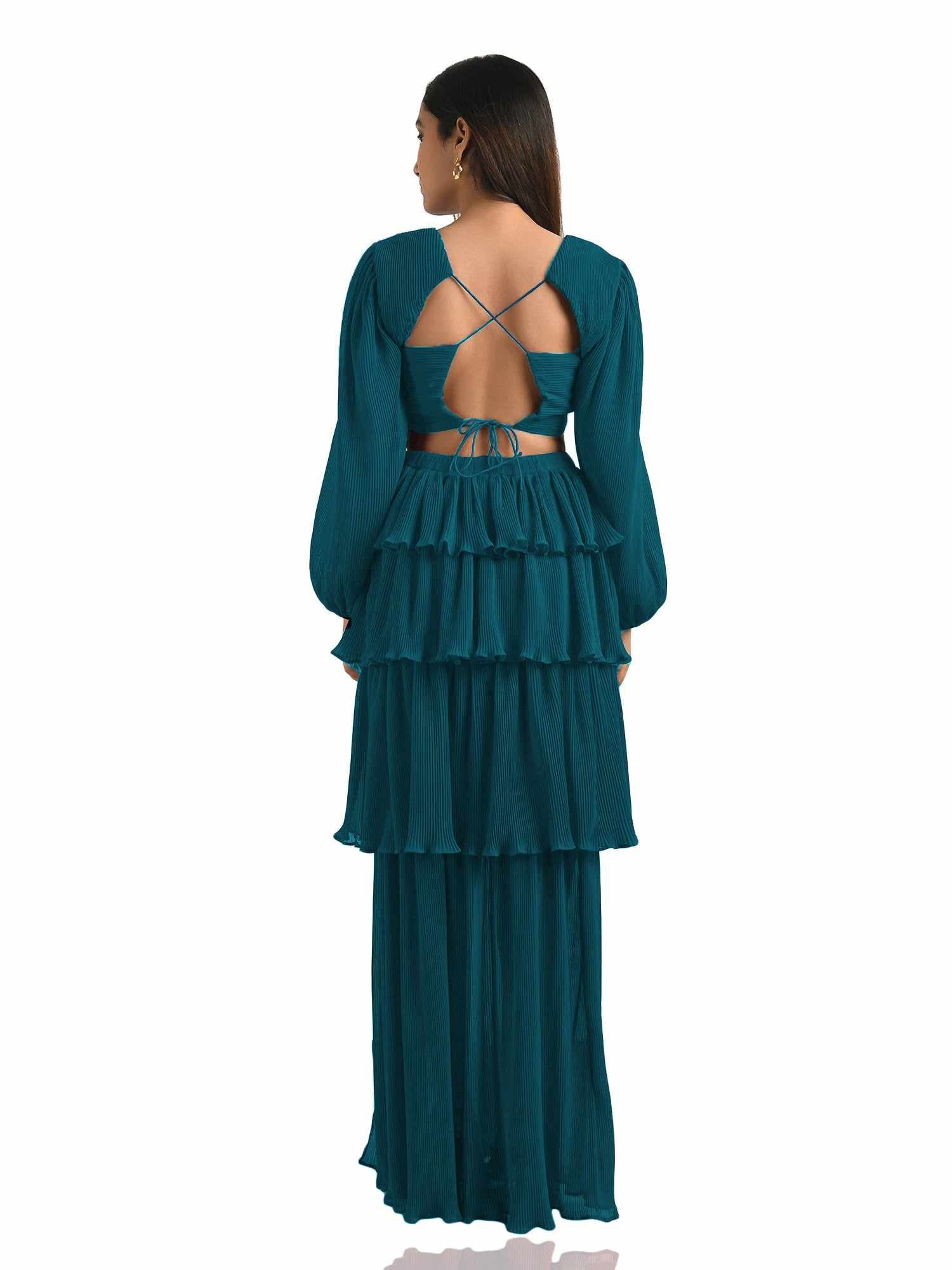 teal crepe pleated maxi dress