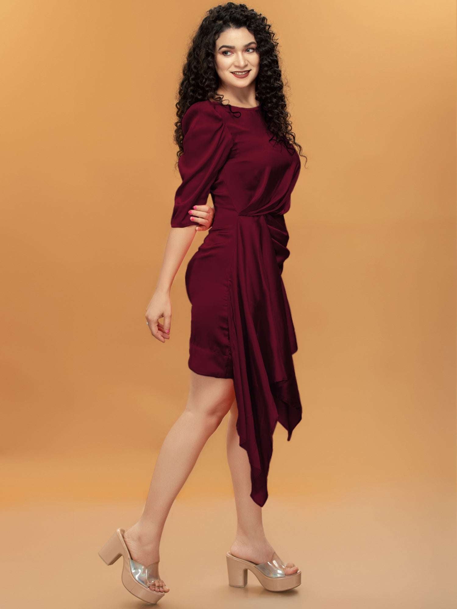 drapped wrap effect wine satin mini dress