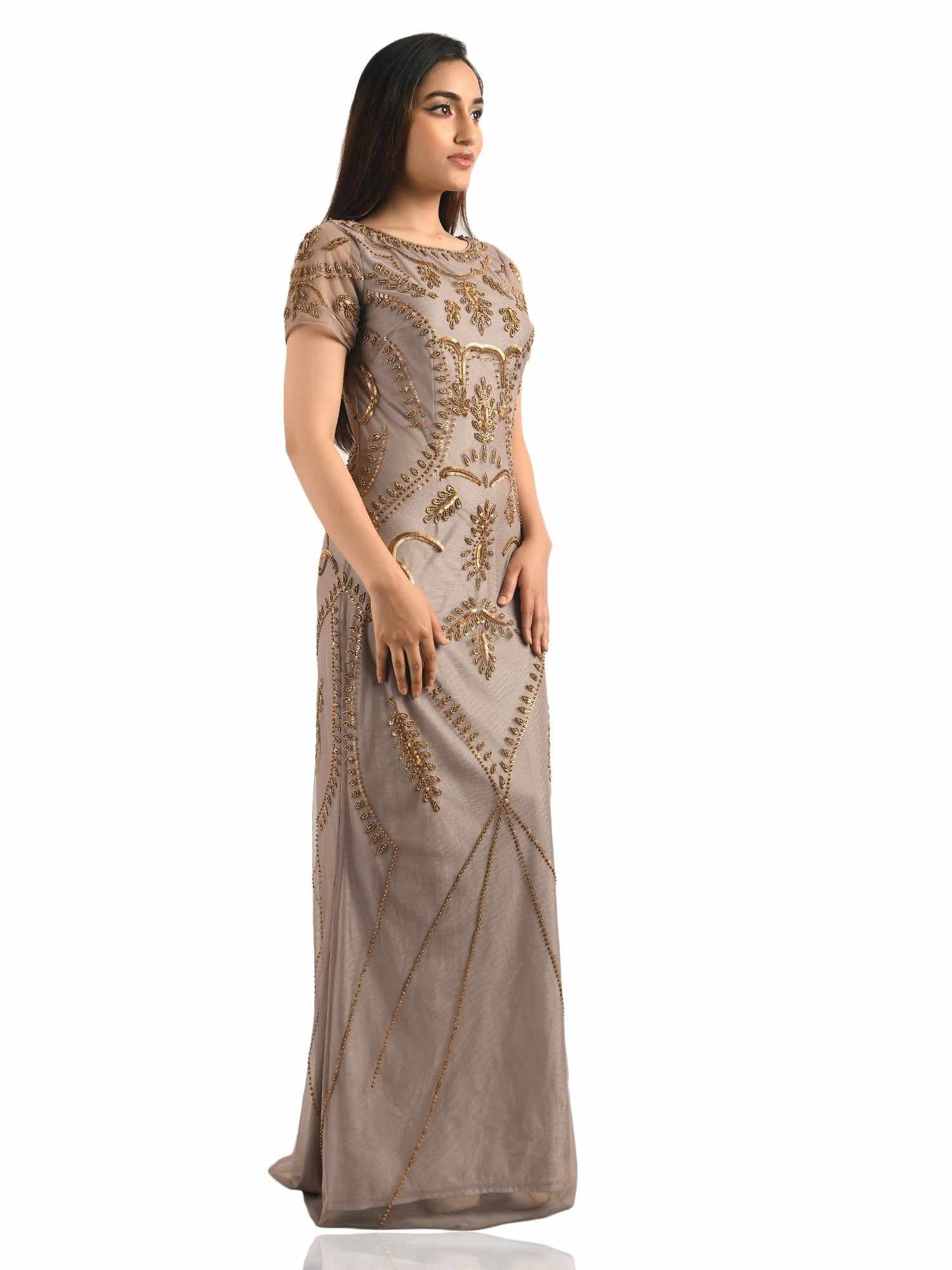 beige on gold embellished gown
