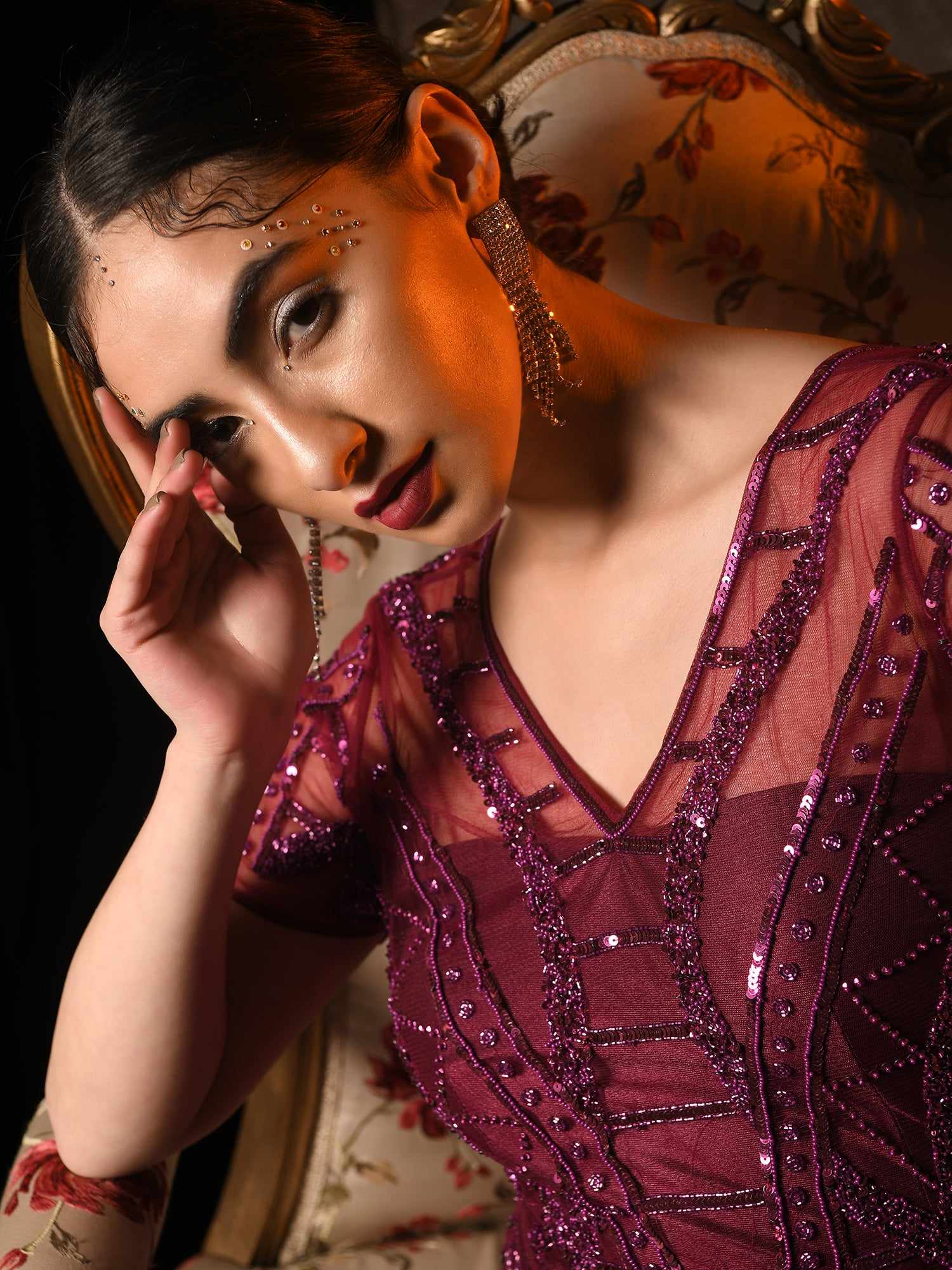 wine on wine embellished gown