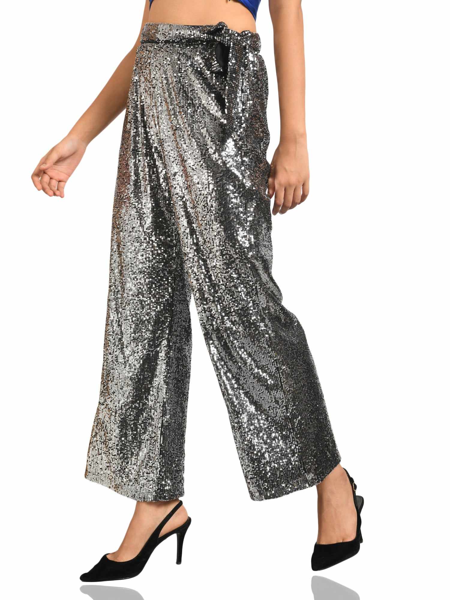 black sequined tulle high rise pants