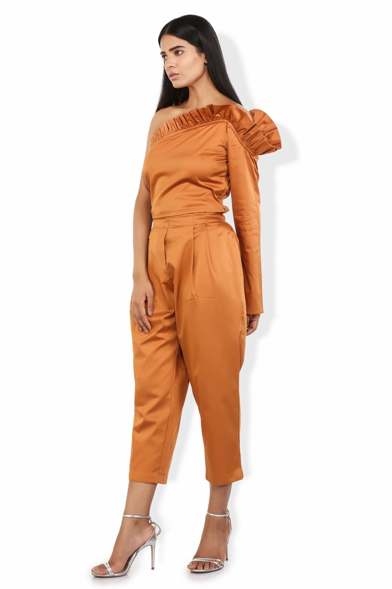 carrot hue pleated waistline cotton satin blend crop pants