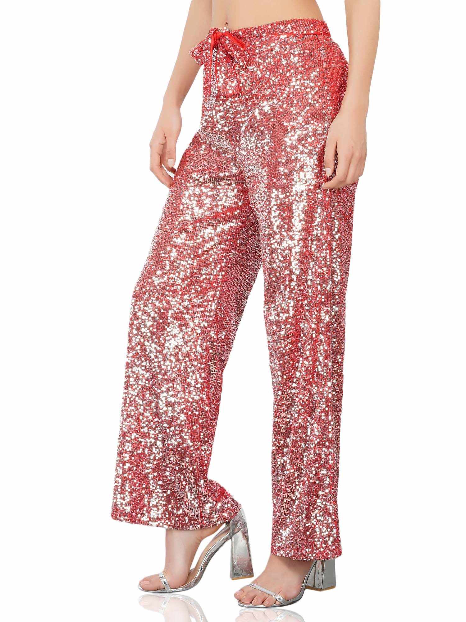 red sequined tulle high rise pants