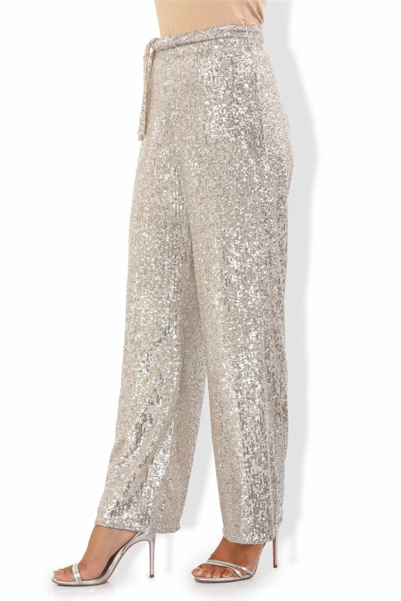 glittering sequined tulle high rise pants  