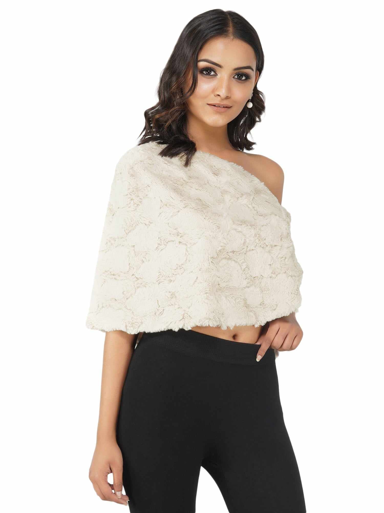 teddy faux fur cape with silver crystals broach