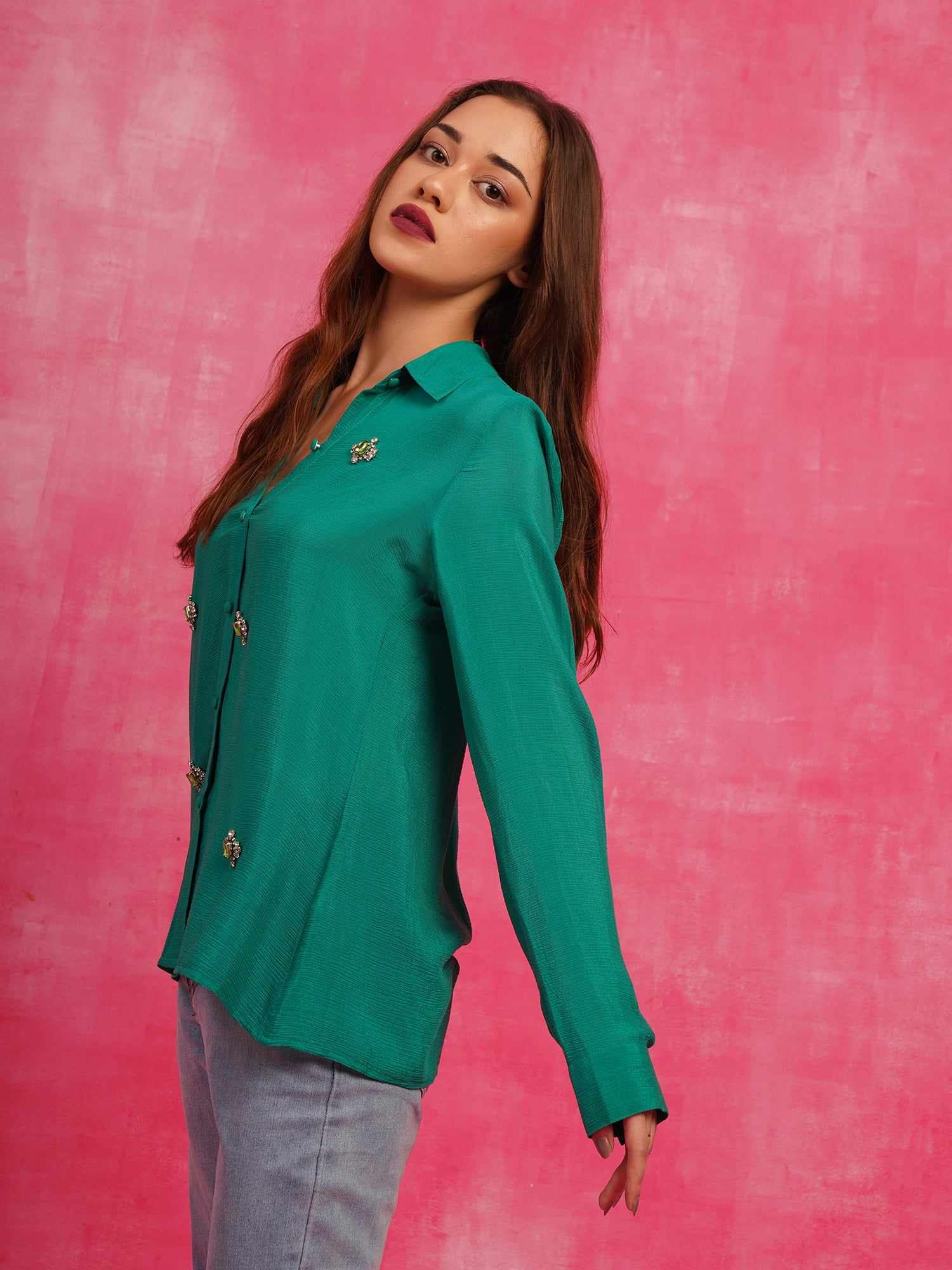 deluxe embellished green crystal shirt