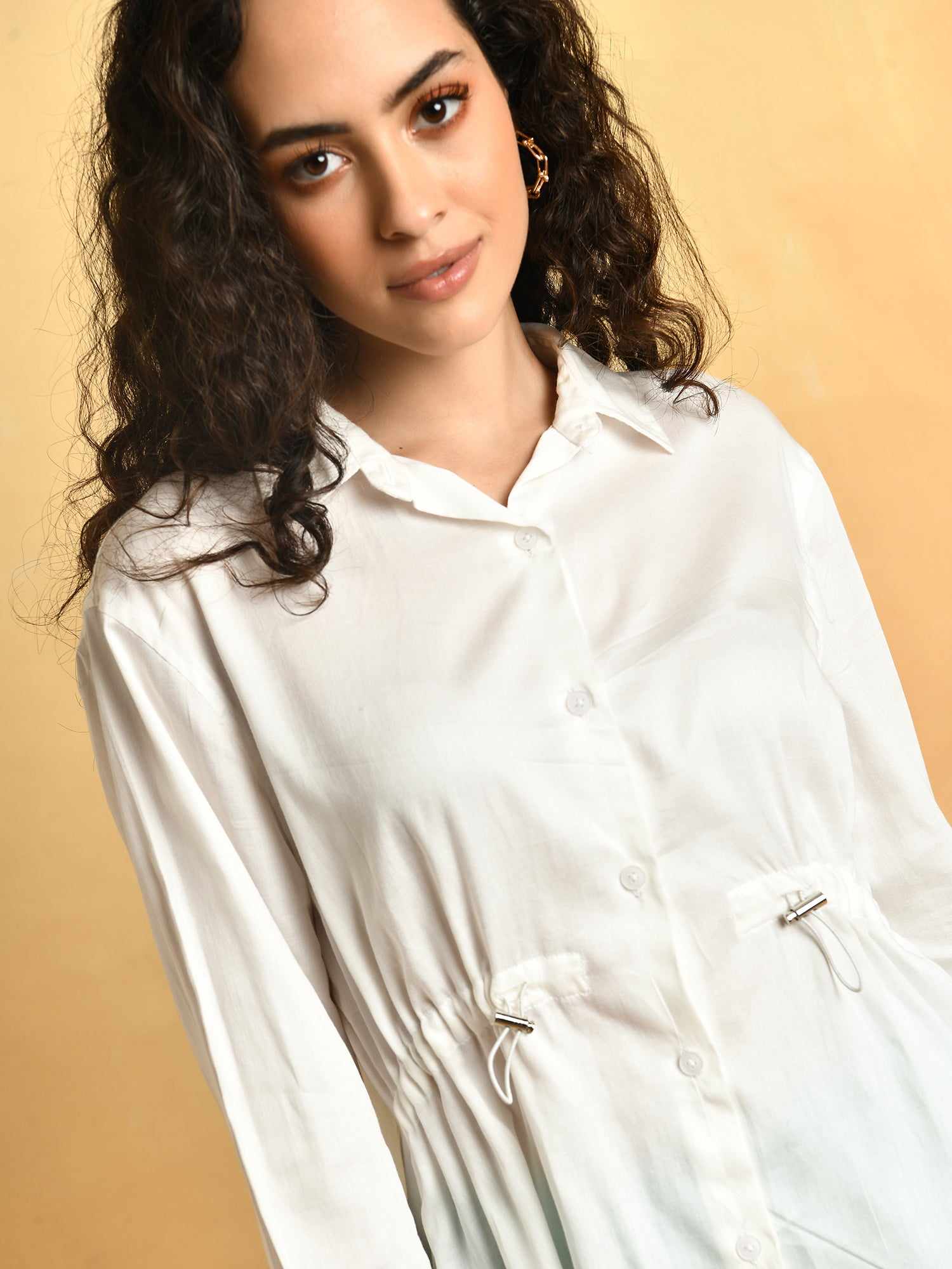 white cinched shirt with toggle