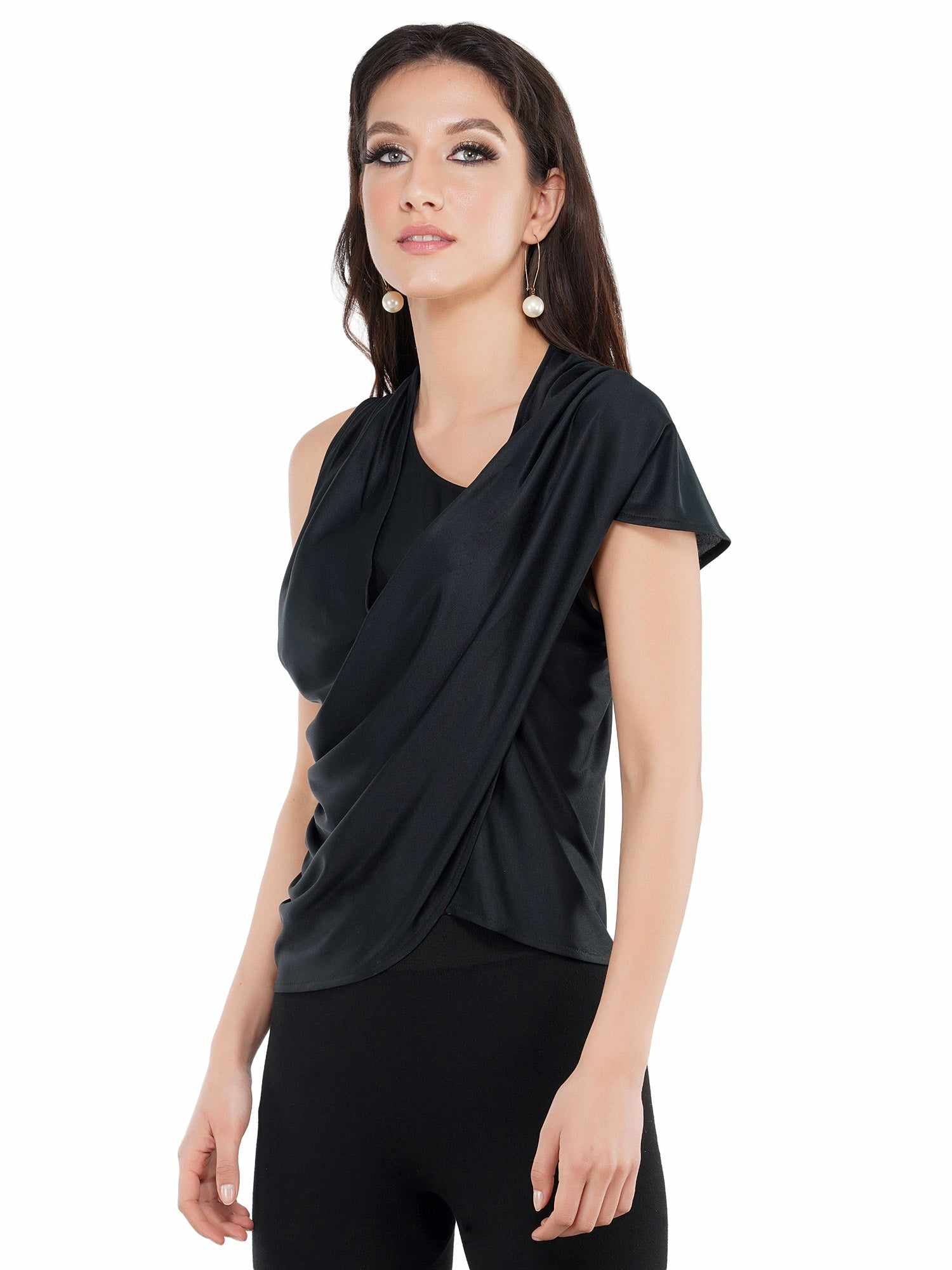 asymmetrical draped black top
