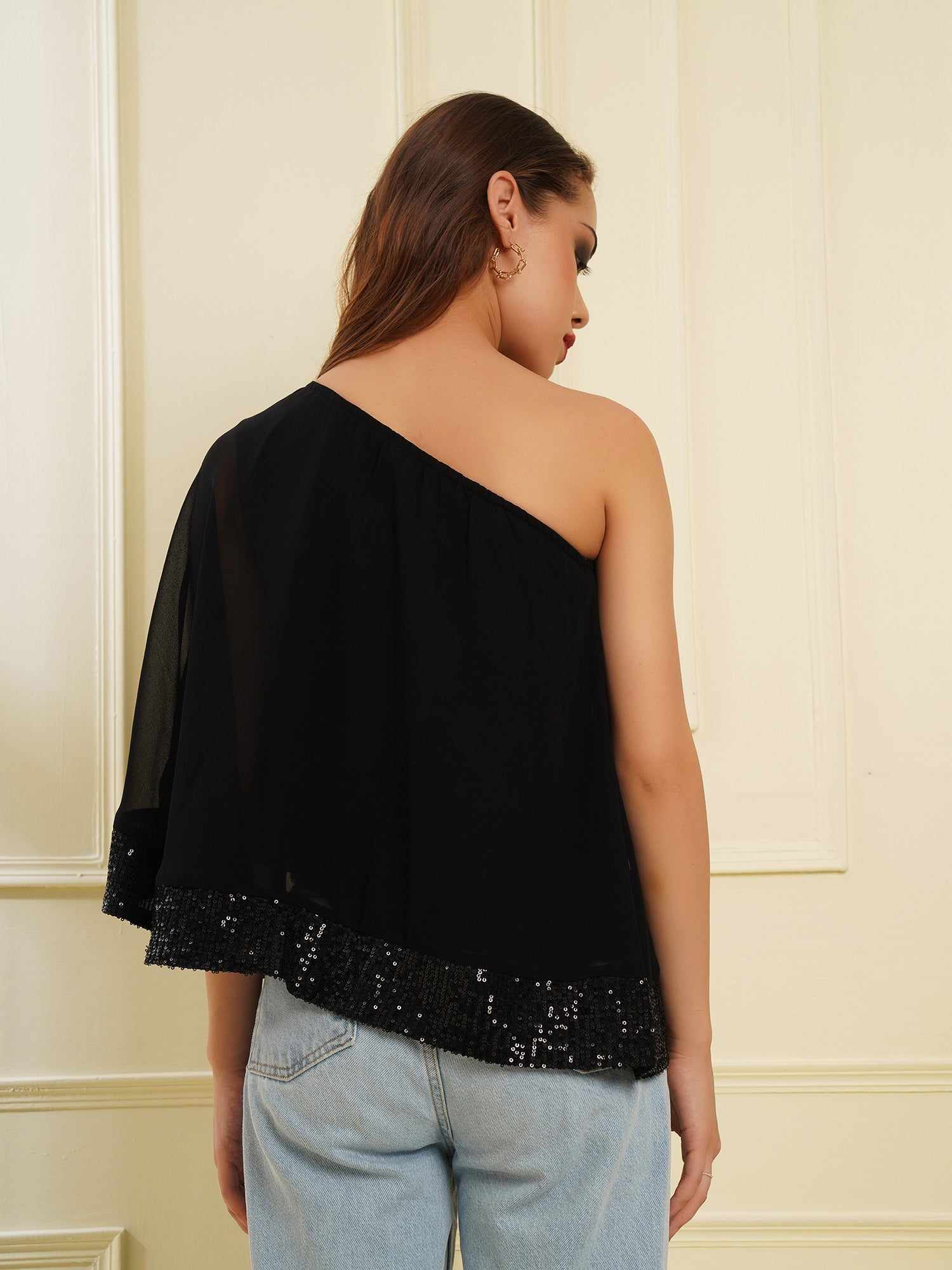 one shoulder cape black top