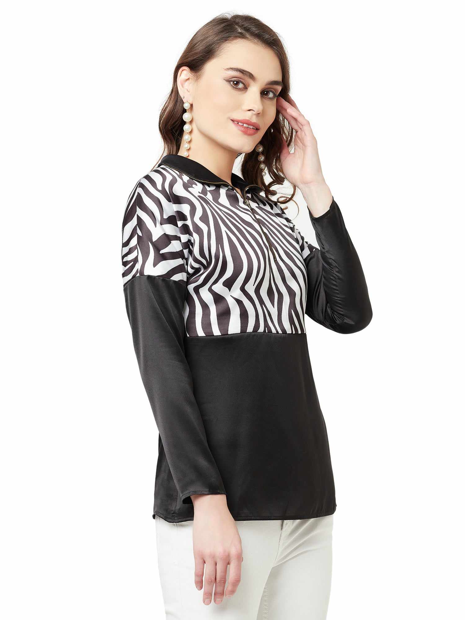 black solid with printed yoke top