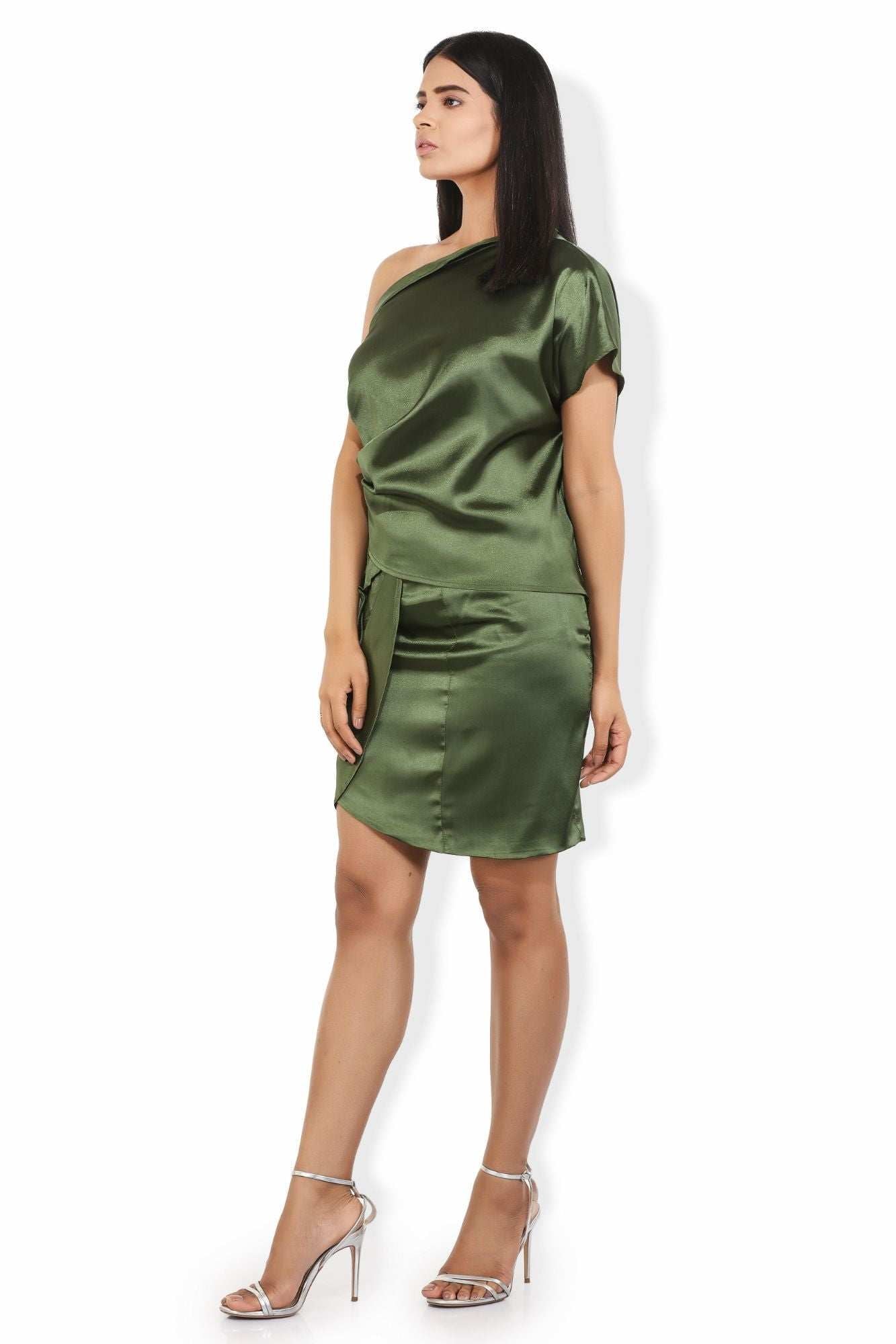 shiny satin olive green ruched top