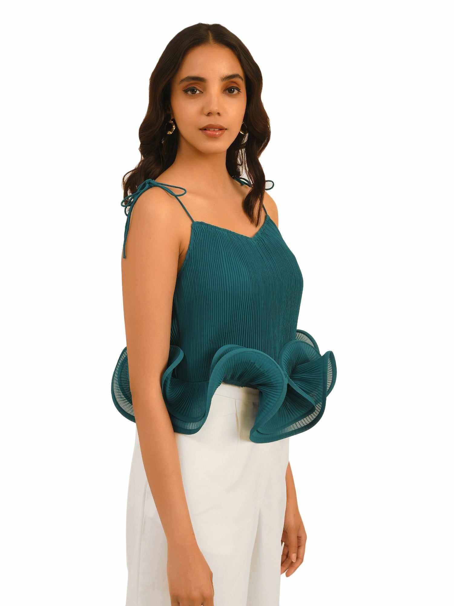 resort vacay top with dramatic hem ruffle