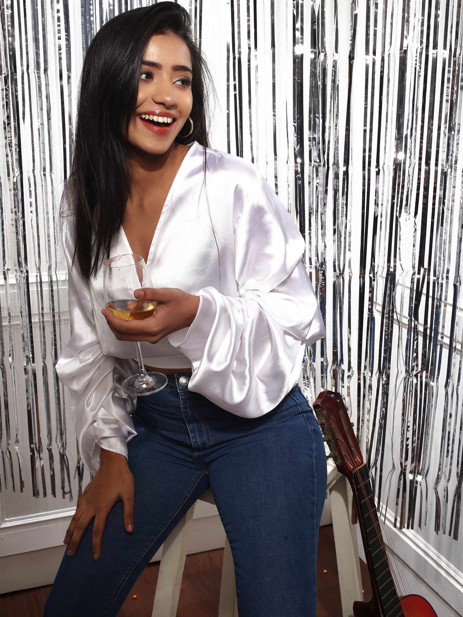 folksy pearl white satiny crop top