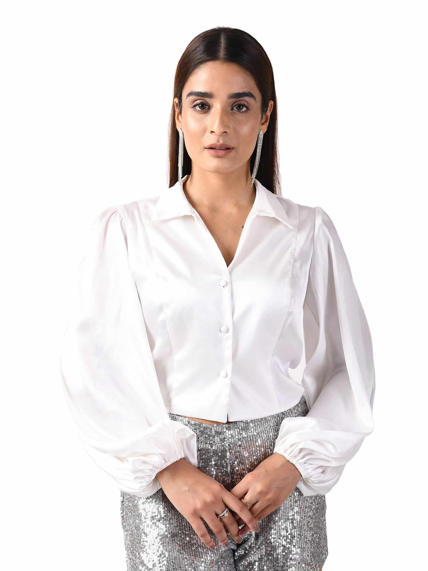 shine on white satin blouse