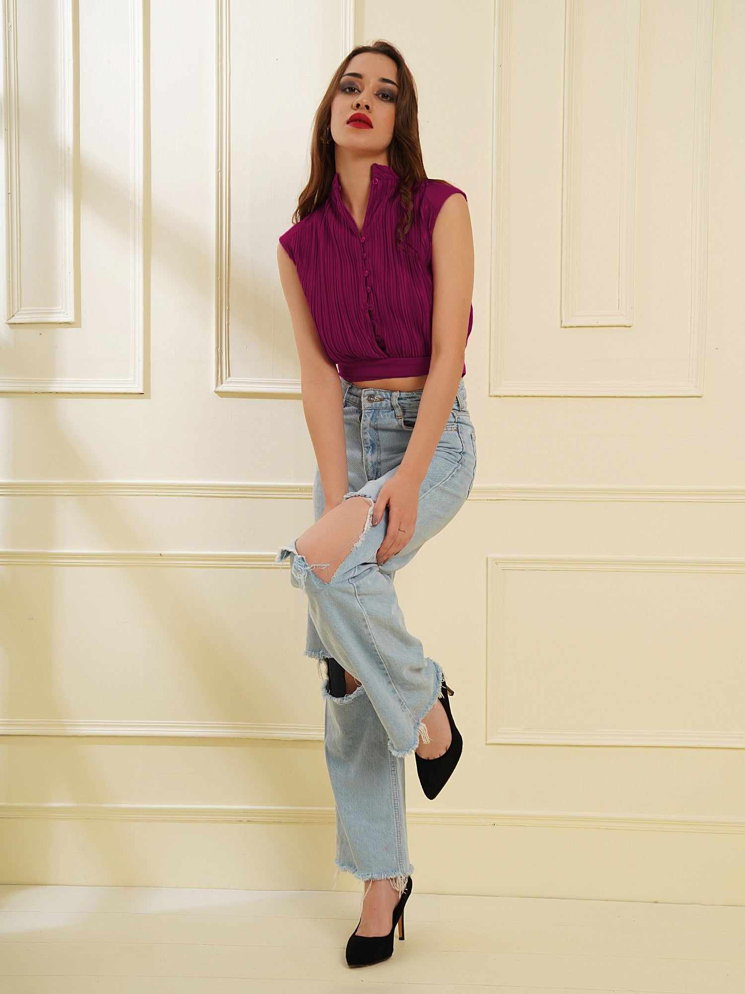 wine pleated crop top