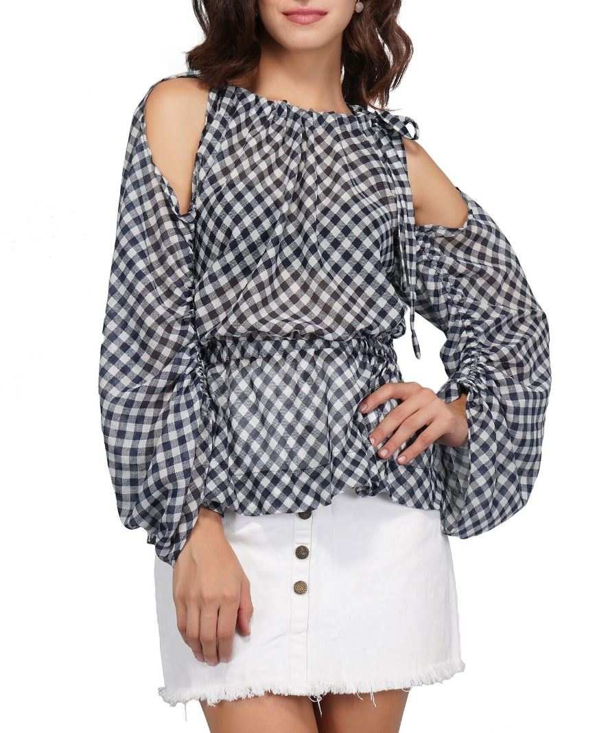 cold shoulder oversized sleeve diagonal check top