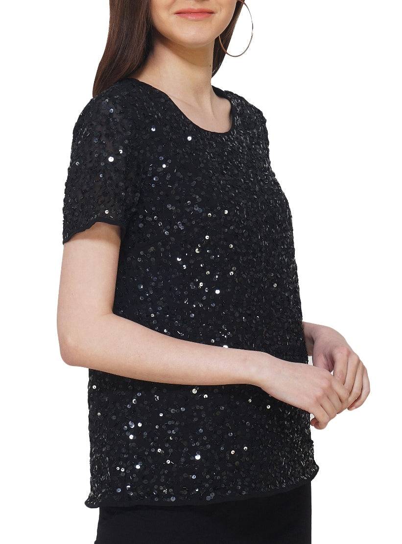 black sequin half sleeve top