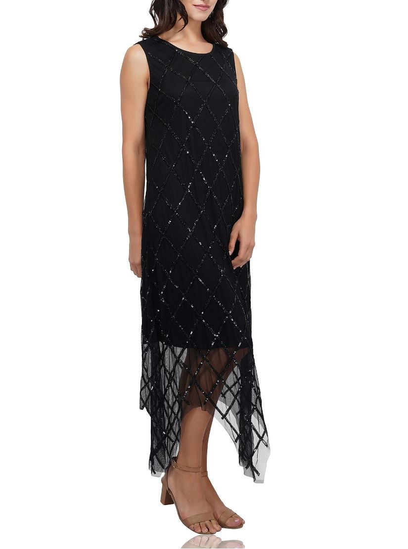 diagonal grid black sequin dress