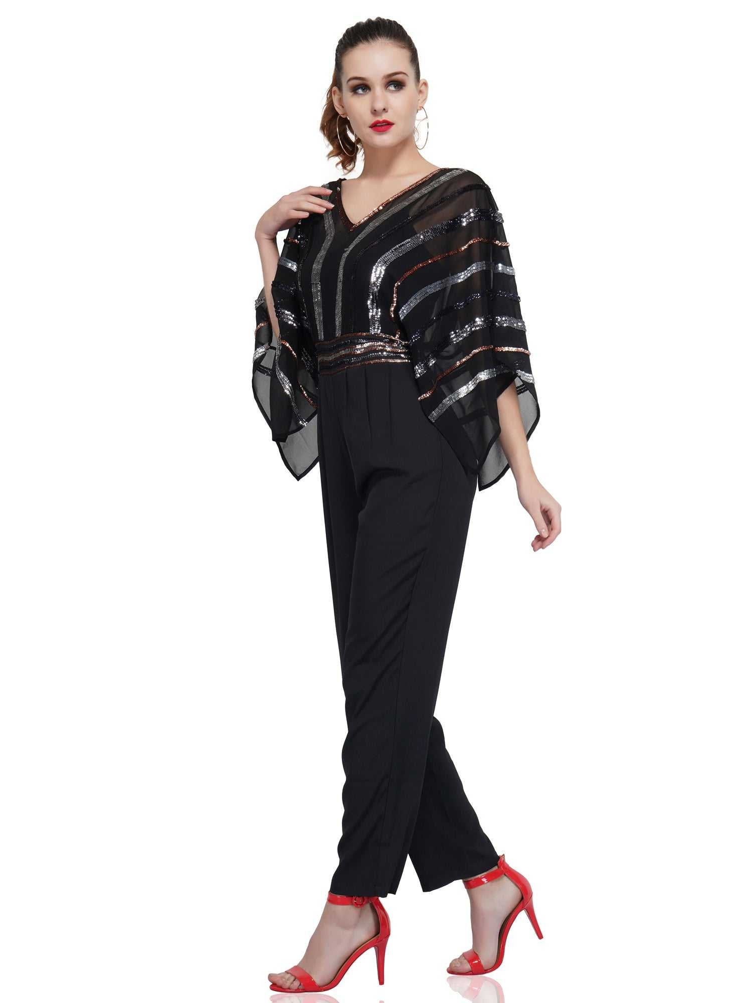 flutter sleeve rainbow sequin jumpsuit
