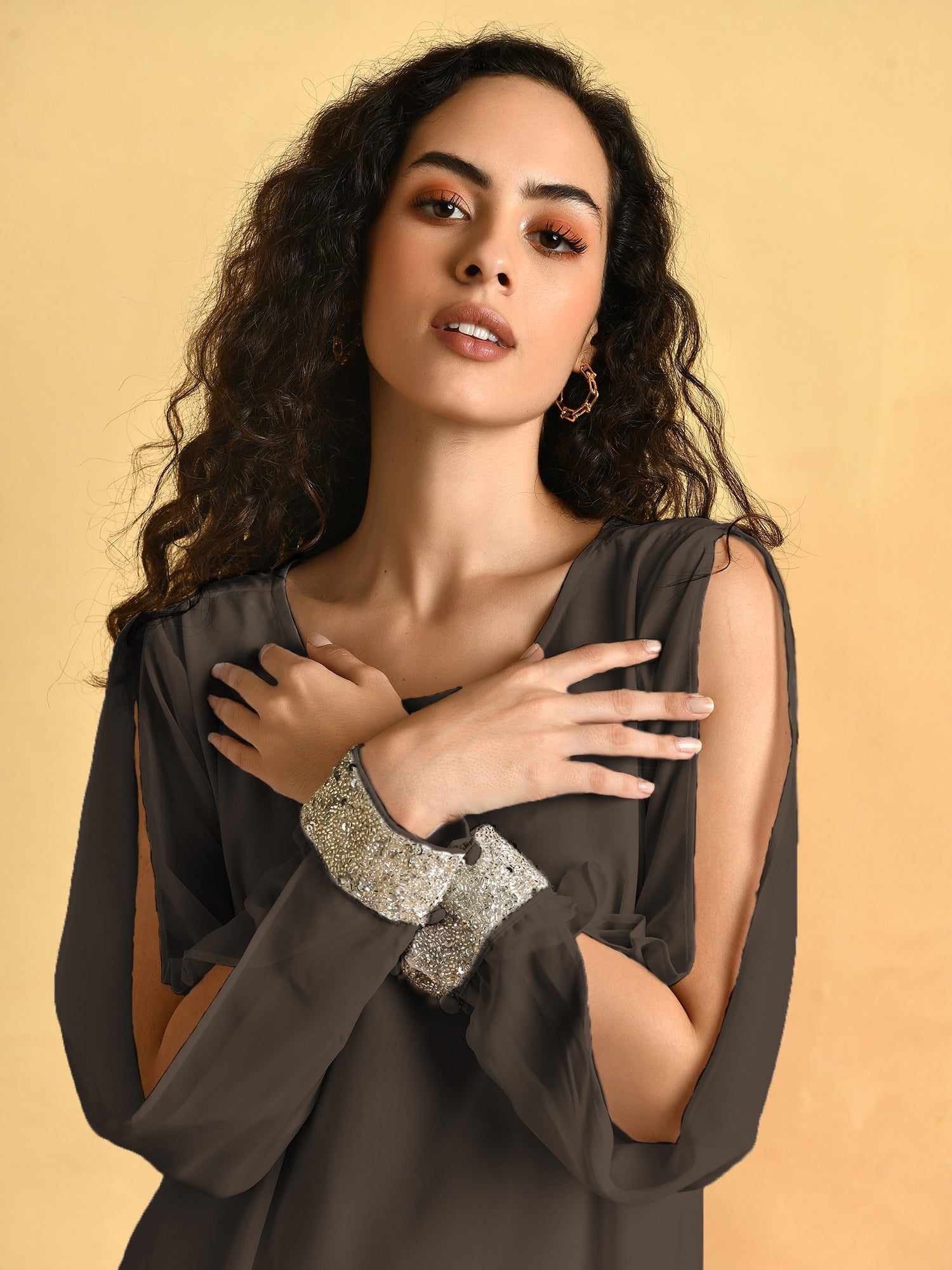 asymmetric hem cold grey sleeve dress