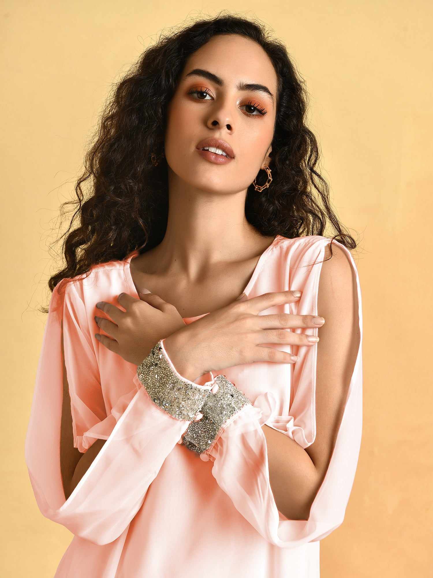 asymmetric hem cold pink sleeve dress