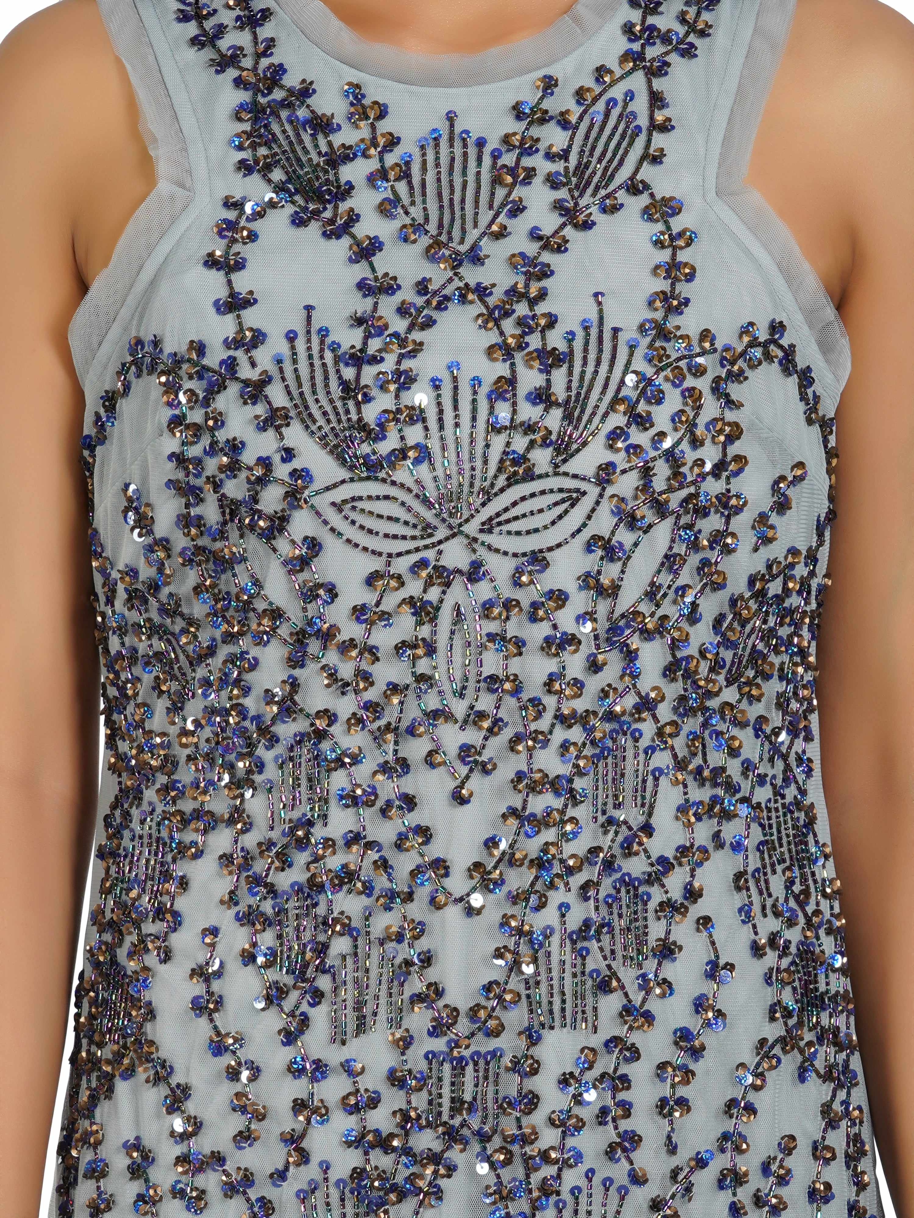 floral motifs jewel neck grey stretch dress