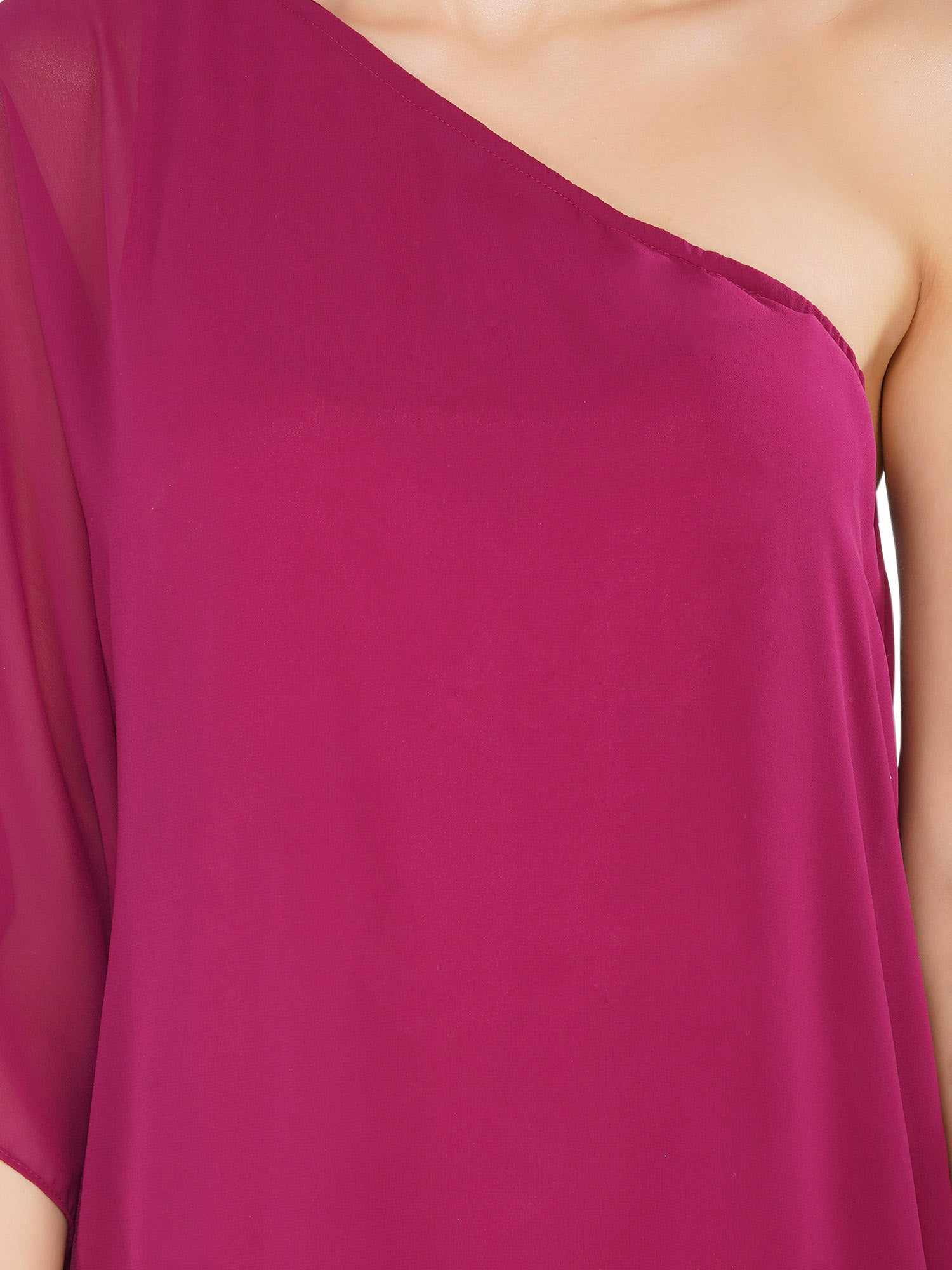 plum one shoulder draped dress