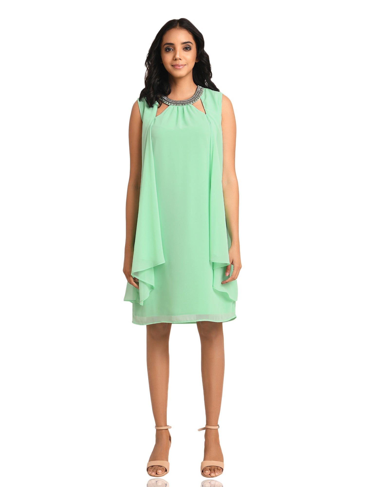 mint green necklace cape sleeves dress