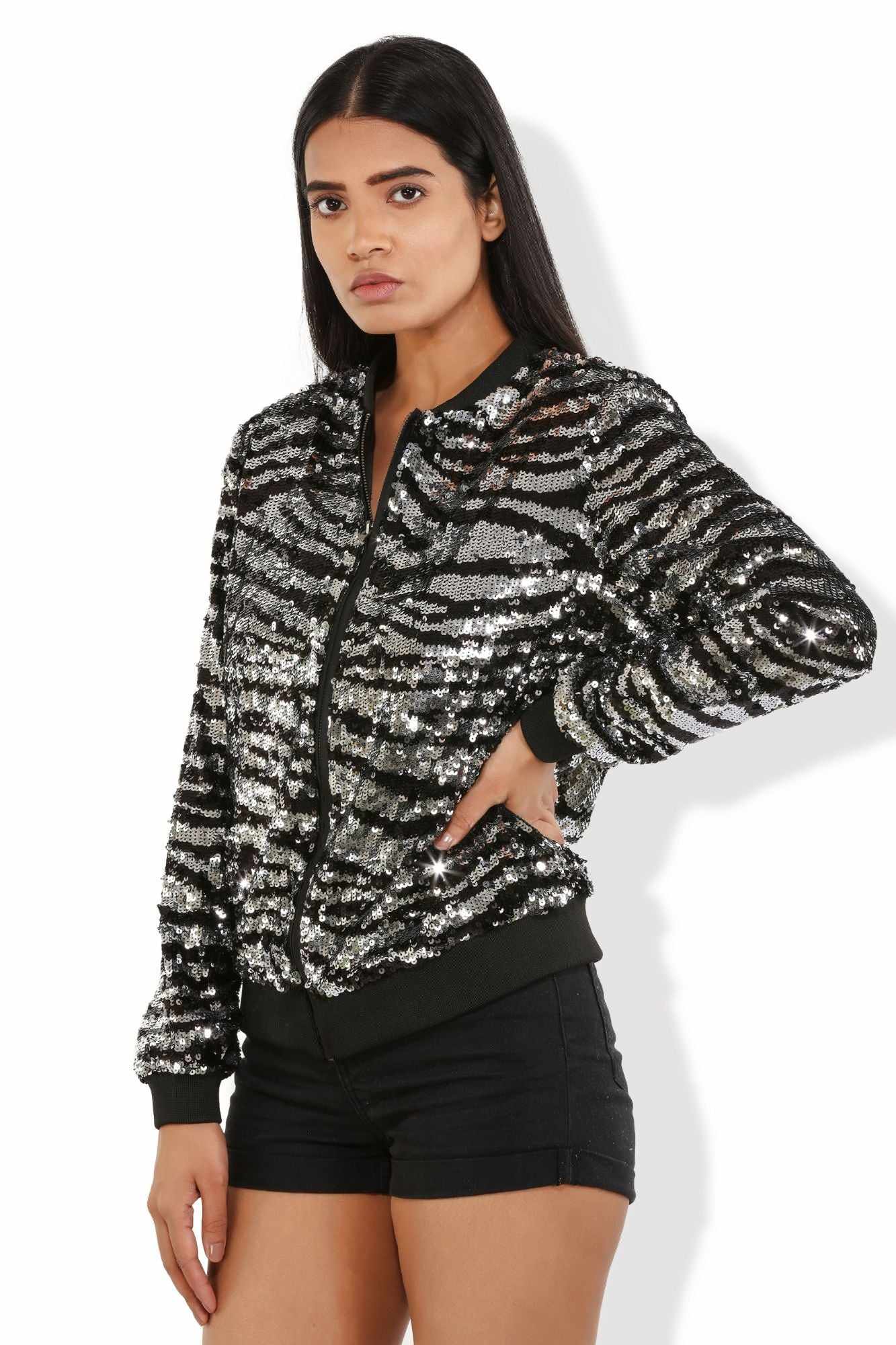 sequined tulle leopard print bomber jacket