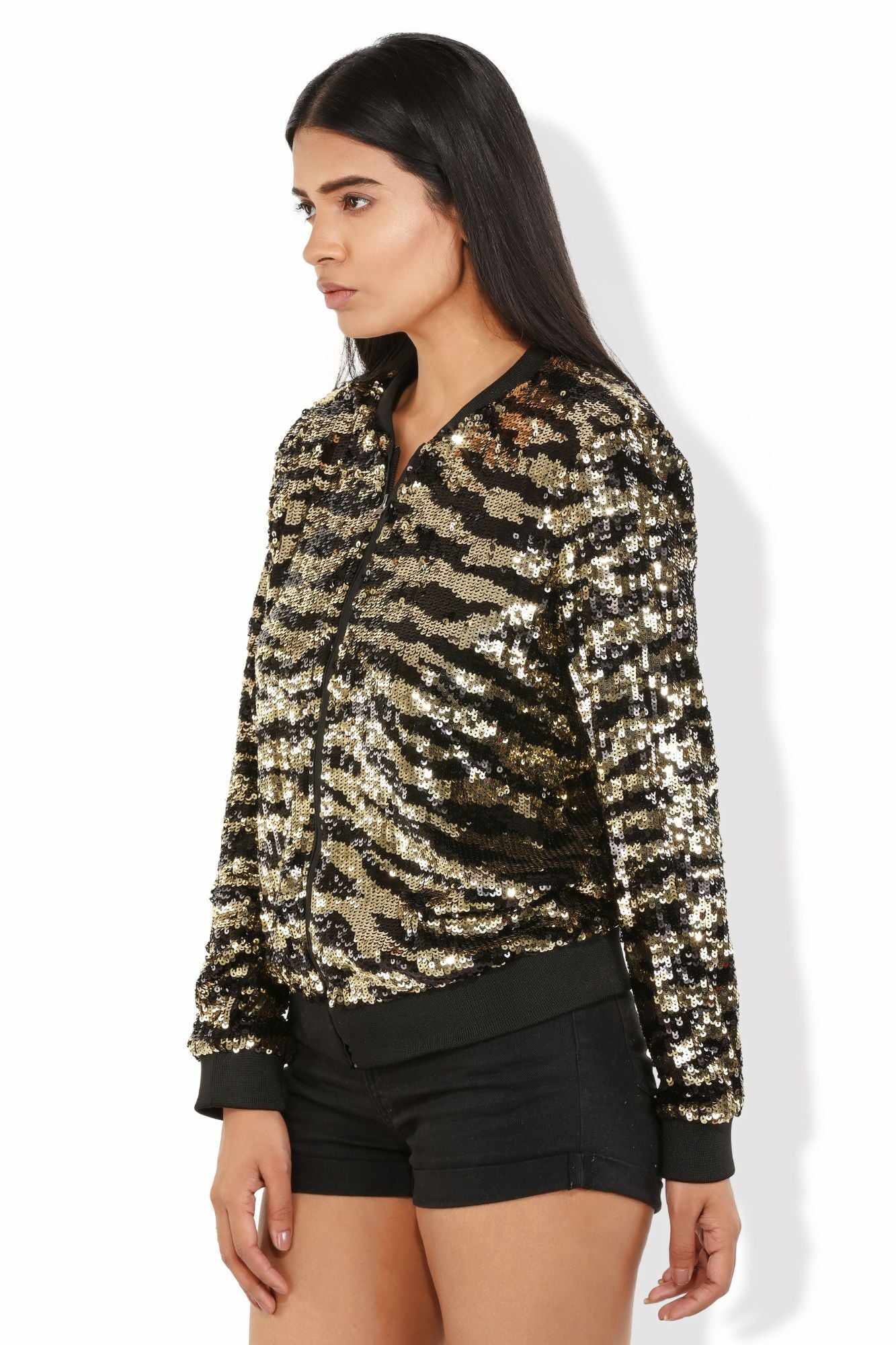 sequined tulle tiger print bomber jacket